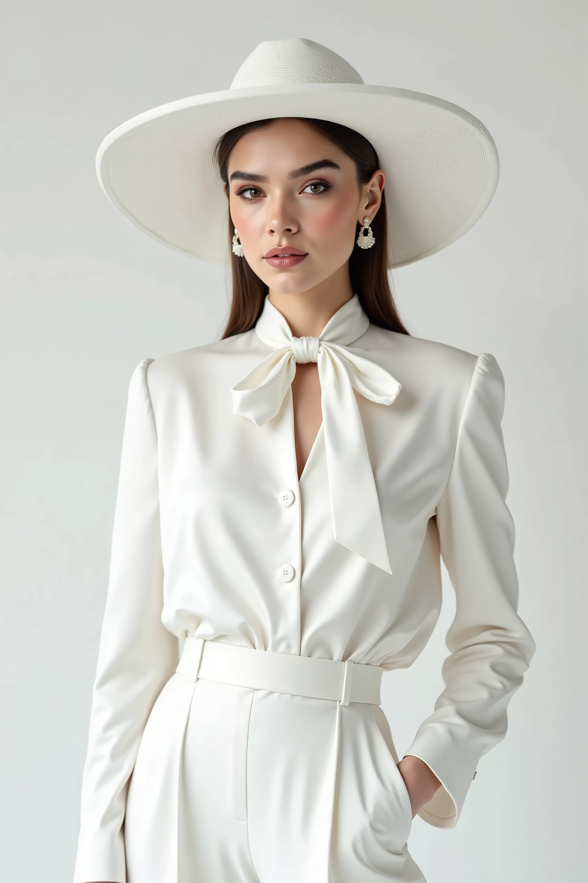 woman wearing a white satin blouse with a white neck tie, 3 piece white suit, white wide brim hat, white pantalon pants