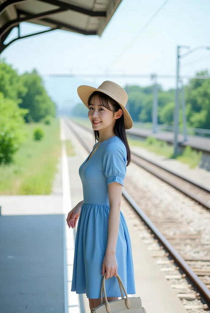 A woman wearing a blue dress is standing on the station platform ...