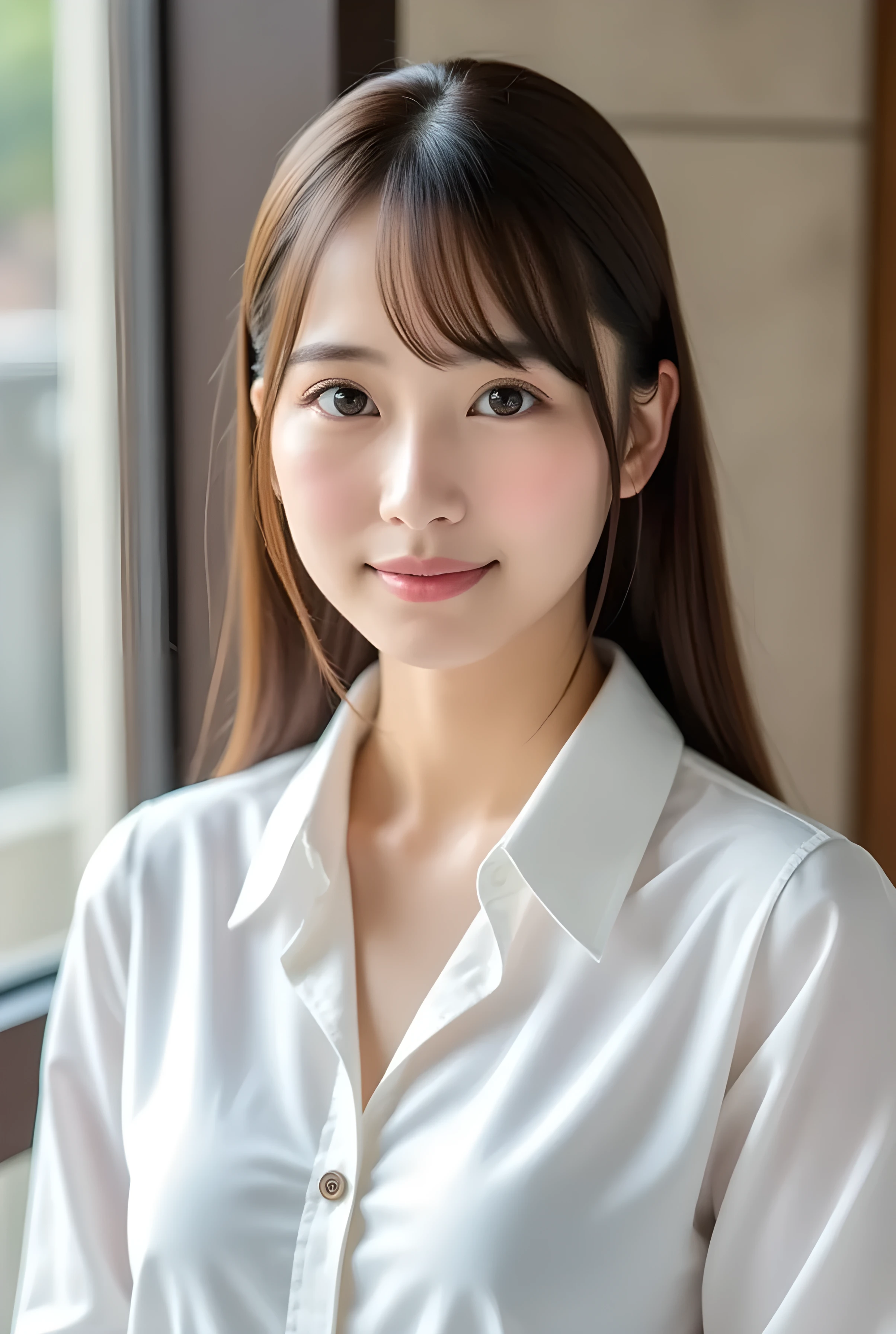 super real , photorealistic , (Full body image:1.5), she looks so happy , shadow, global illumination that kicks while spinning , Alone, (Japanese woman in her 20s :1.5), very beautiful、 Cute Smiles , Slim, brown hair , Beautiful legs , Long, slender legs , Surimi West , She's wearing a receptionist ,wearing a bus guide , turn your body forward、 white hair,full body photo ,Please take a picture up to the tip of your foot ,wear brown pantyhose on her legs ,When the light hits stockings, they reflects beautifully., wearing beige high heels ,