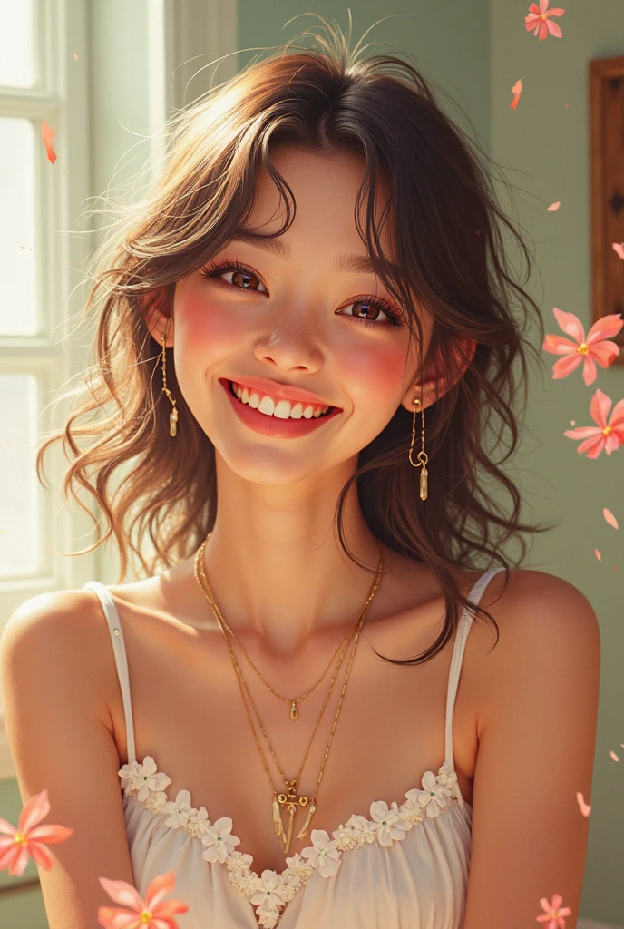 (Higher resolution, clearly_image) best quality, A woman, masterpiece, Very detailed, Semi-realistic, 21 years old, fair, young, Handsome, t-shirt, Lilac shirt pull, Collar around the neck, Internal, modern room, window, wake up, morning, blush, Smile