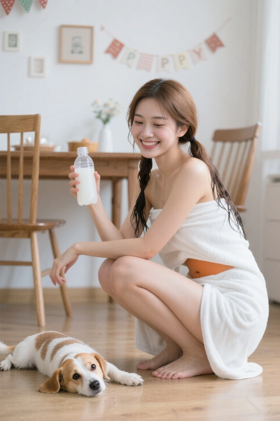 (Tabletop,supreme beauty,masterpiece,Dynamic Angle,Depth of written boundary,135mm,Super detailed,high quality,Awards,最high quality,High resolution,8K,Beauty,Idol,Realistic,Photorealistic,Correct skeleton,Biologically correct),(put a white towel around your neck:1.5),Cute face,(Woman drinking milk:1.4),(In the kitchen),(Shorts:1.3),Smile