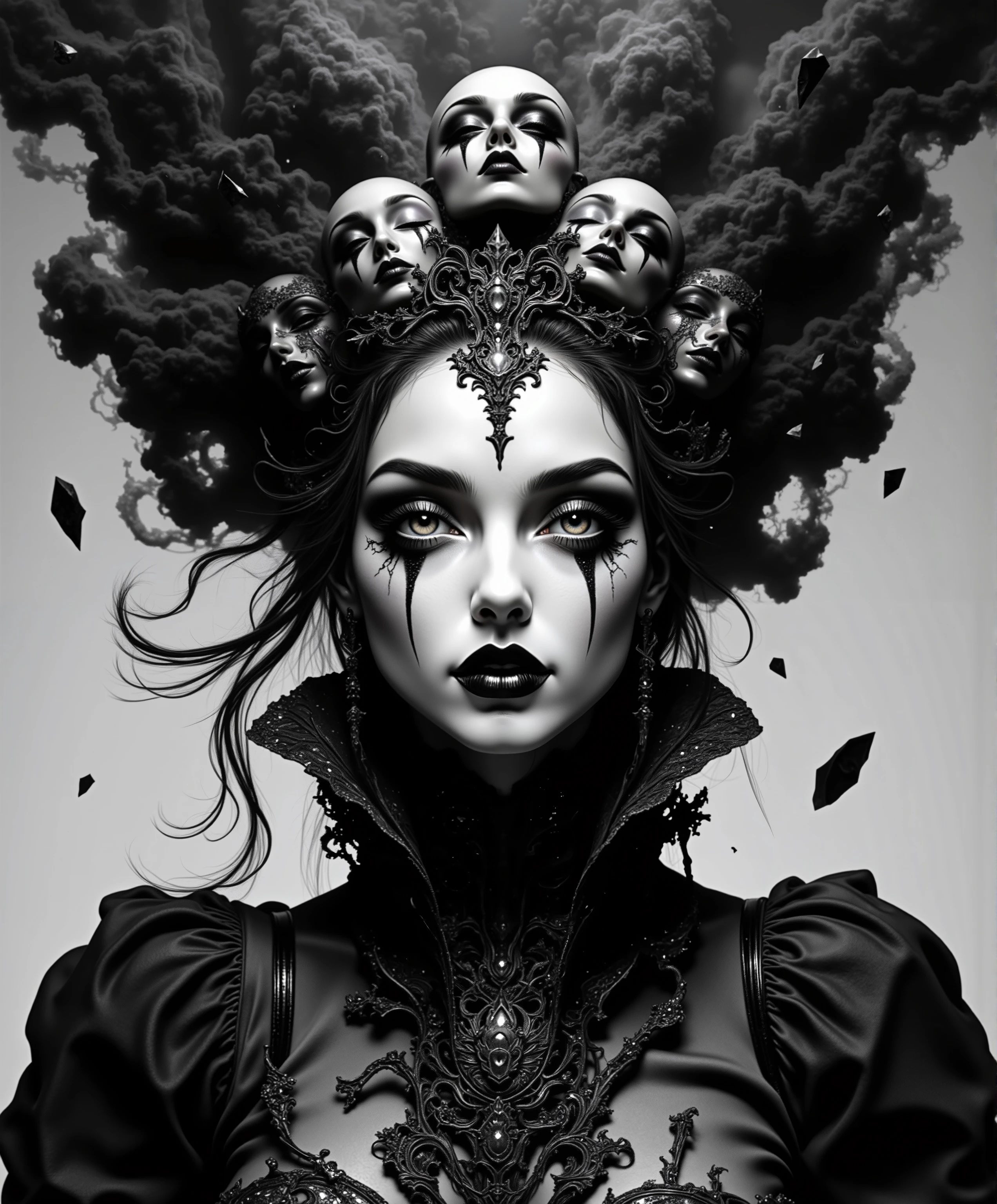 A hauntingly beautiful black and white portrait of an ethereal woman with multiple overlapping faces, hyperrealistic details, deep penetrating eyes reflecting infinite mirrors, skin like polished marble, delicate baroque patterns emerging from her elongated neck, surrounded by swirling dark smoke and floating crystal shards, extreme detail add texture, cinematic lighting with dramatic shadows, photographed with medium format camera, 16K resolution, deep blacks, and brilliant highlights, physically based rendering, photorealistic quality, gothic atmosphere, surrealist composition