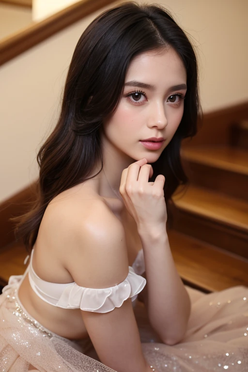 (((best quality))), (((ultra detailed))), (((masterpiece))), illustration,a beautiful girl,solo,slim,thin,messy hair,shoulder length straight bob hair,Dark Circles,Eyes bloodshot,(sad expression:1.3),flat chest,sitting on the bed,in a bedroom,halter lace nightgown, deep in thought, dimly lit room, soft glow of a digital clock, dark curtains, seclusion and introspection, disheveled hair, shadowed eyes, sleeplessness, delicate features, fragile beauty, pale skin, rouge on cheeks, heavy atmosphere, silence, soft hum of a refrigerator, woman's expression of deep contemplation, searching eyes, capturing the essence of struggle, vulnerability,(dark night scene:1.3), apart,arms behind back