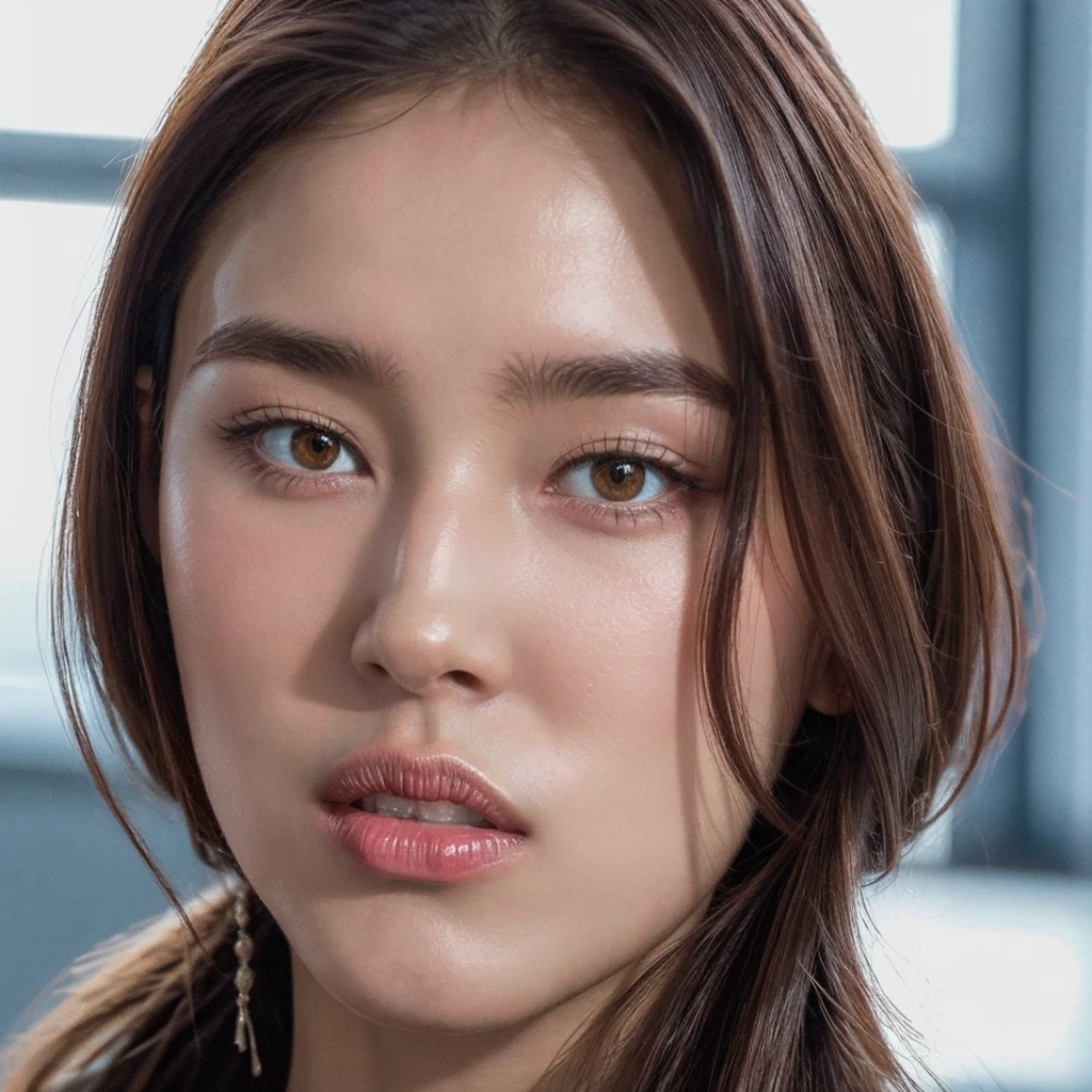 a close up of a woman with long hair and a pink lipstick, beautiful aesthetic face, brown eyes and white skin, clear lips and high quality, attractive female face!!!, light brown piercing eyes, beautiful japanese girls face, extremely beautiful face, lovely delicate face, gorgeous chinese model, red contact lenses, bright piercing brown eyes, photorealistic beautiful face