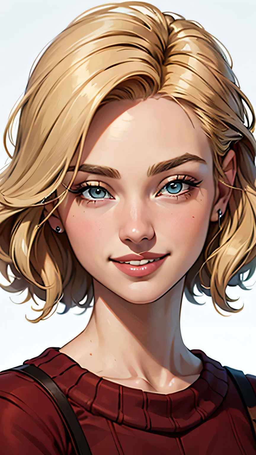 A close-up of a woman in a sweater, uma garota, uma beautiful mulher com cabelo castanho, uma cute young garota loira, She is blonde, uma mulher loira, uma jovem loira, brown head, decote, one is short blonde blonde, sardas fofas, lindo sorriso sedutor, com cabelos loiros e olhos verdes, linda e sorridente, sorrindo sedutoramente.