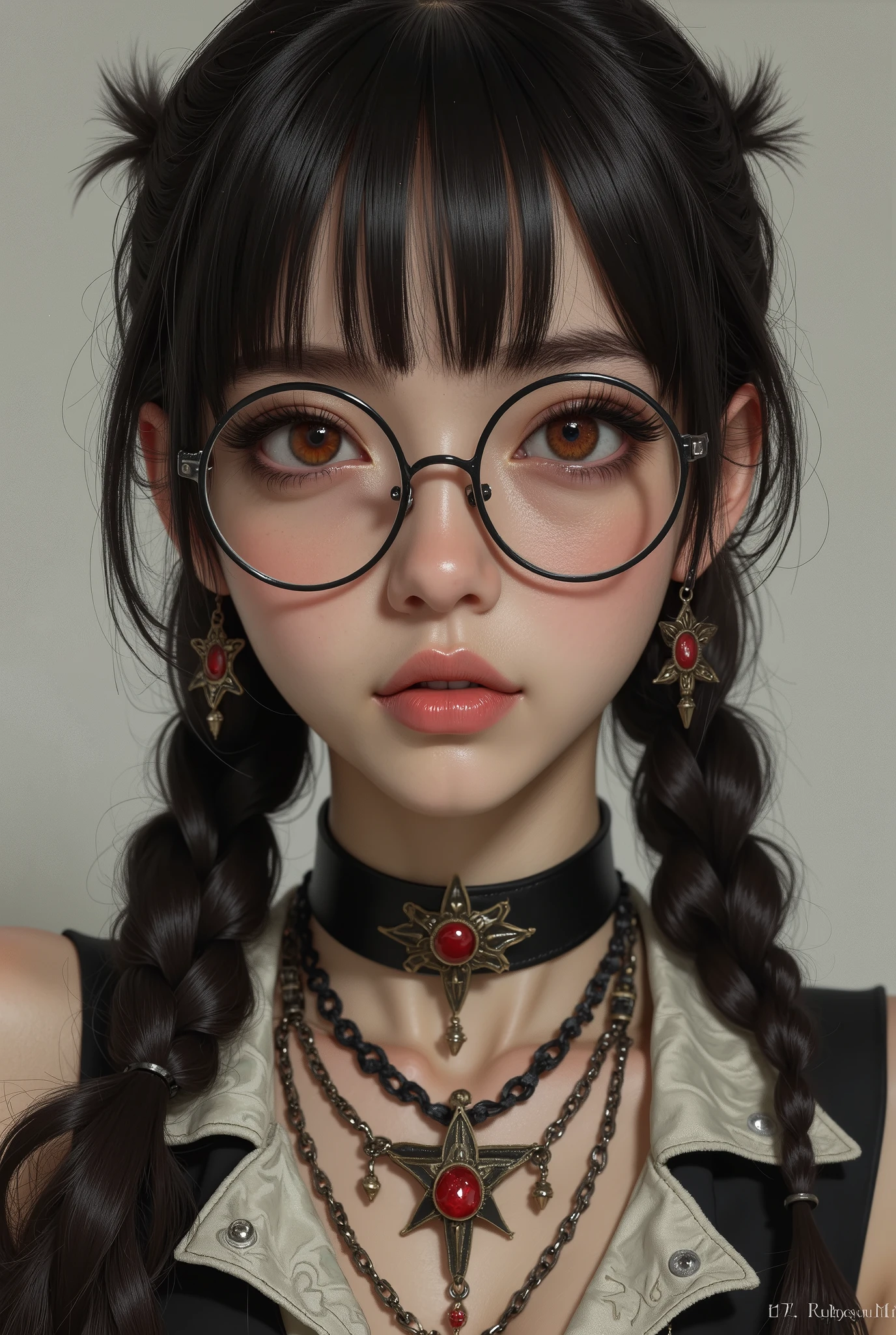 (  Highest Quality, best illustrations,high image quality:1.2), (Horror Fantasy:1.5), (ink and watercolor:1.5),(Ominous Scenery   :1.5),(A lot of dust rises:1.5),(  Dirt Track   :1.5),(wonderful:1.5),(masterpiece:1.5),  (Powerful figures:1.1、Big Breasts:1.3) 、 ((((glasses、Closeup Shot, cute、 Red Eyes、 Evil Ruby's Cursed Necklace )))),(((glasses、Big Breasts、  braids)))、  cute face,  raise eyebrows , ,(Fatal Beauty,  charming beauty ) ,(Mysterious Charm:1.1),(Big Breasts、attractive silhouette),   high image qualityテクスチャ 、High Quality Shadows、   beautiful and delicate face   、 beautiful, delicate, eyes are sticky liquid dripping  、 ray tracing 、 20th Generation、 cute K-POP girl、( The Face of Korea )、Thin face、( Ulzan-6500-v1.1:0.6)、   Face of Pure Loss   _v1 , ( beautiful and delicate face ,  beautiful and delicate eyes,  perfectly balanced face ,  high image quality skin ,  detailed skin,  lens flares {x} perfect ratio 4 fingers to 1 thumb :1.25)、 DSLRs、   地獄から来たbeautiful悪魔女  ,    ATTRACTIVE GIRL  , Real Girls, Gurwitz,  Gurwitz-style Artwork , Girl Roleplay, Realistic 3d style, cgstation Popular Topics,,  8k portrait rendering BYMR. nomi ,（truth,truth:1.4,glassesの少女  :1.2)、cheek、 glossy lips, 1. オーバーサイズ comment:  comment、 come up with an oversized design that covers shoulder to knee.。 navy blue or black are standard colors .、[ Soft khaki or beige , wait.、 Pick the right color for the season 。 2.    choose the color that suits your skin    : To protect yourself from the cold、    choose the color that suits your skin   、 ニットの質感と色を commentに合わせてください .。 3. ワイドレッグ   pants:    pants,  choose a wide leg design 、combines mobility and style。Dark tone denim or black   pants look great.。 4. knee-high boots: オーバーサイズ commentに含まれるもの、boots are black or dark brown Match the texture and color of the fashionable.、  Gives a stylish impression  。 5. accessories:   The  。  Disney  、   long necklace  、6. handbag: handbag、let's match the color of your outfit.