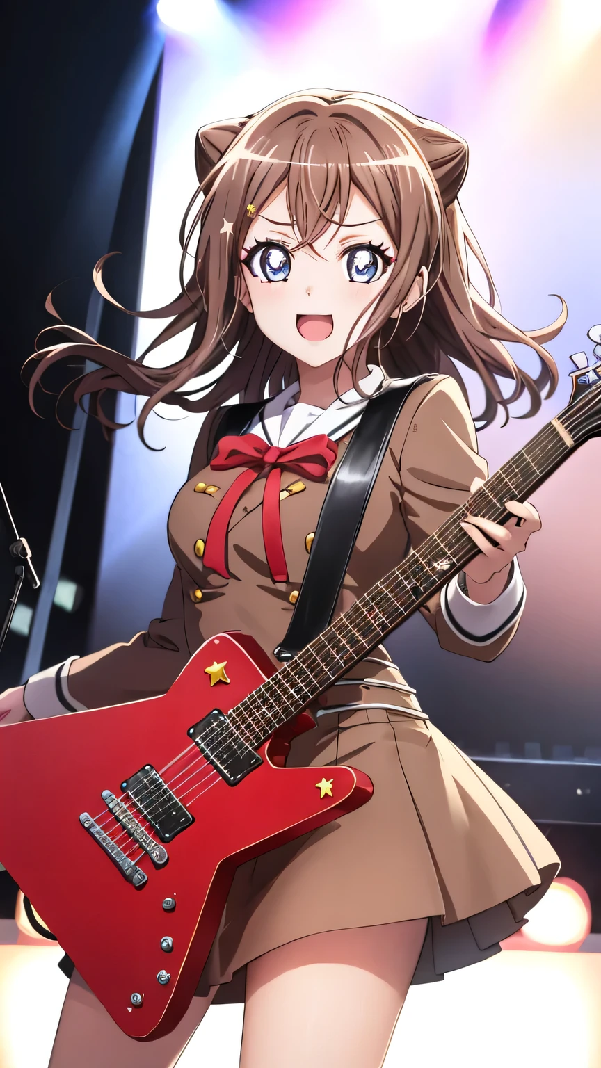 {{{masterpiece}}}, (best quality:1.5), (ultra-detailed:1.5), {illustration}, {{an extremely delicate and beautiful}}, (beautiful detailed eyes:1.6), absurdres, highres, extremely detailed face, 16k, hd, visual anime de uma jovem mulher, extremamente bonito rosto de anime, anime melhor garota, (perfect hands, perfect anatomy), (five fingers:1.1) anime face, toyama kasumi(BanG Dream!), 1girl, solo, cute face, brown hair, cone hair bun, star hair ornament, hair between eyes, bangs, purple eyes, medium breasts, big hips, curvaceous, BREAK, {school uniform}, {Hanasakigawa Girls' Academy High School Uniform(Winter clothes)}, neck ribbon, red ribbon, brown dress, white sailor collar, brown shirt, double-breasted, long sleeves, brown skirt, black socks, loafers, brown footwear, BREAK, idol stage, live stage, on stage, performance, holding instrument, electric guitar, black guitar, red guitar strap, spot light, audience, strobe effect, illumination, strong light coming in, three-quarter view