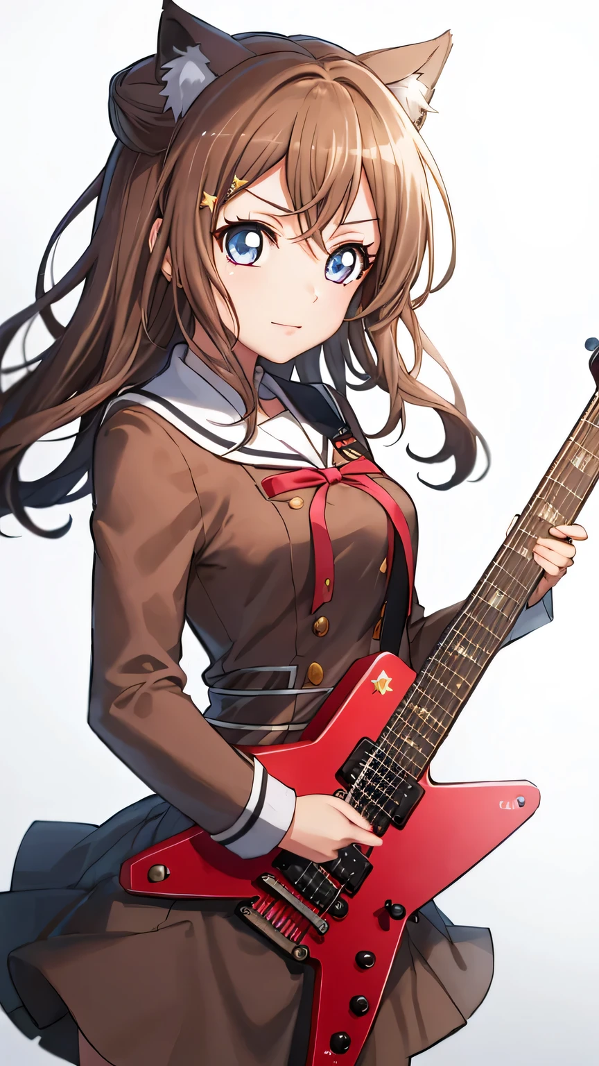 {{{masterpiece}}}, (best quality:1.5), (ultra-detailed:1.5), {illustration}, {{an extremely delicate and beautiful}}, (beautiful detailed eyes:1.6), absurdres, highres, extremely detailed face, 16k, hd, visual anime de uma jovem mulher, extremamente bonito rosto de anime, anime melhor garota, (perfect hands, perfect anatomy), (five fingers:1.1) anime face, toyama kasumi(BanG Dream!), 1girl, solo, cute face, brown hair, cone hair bun, cat ears, animal ear fluff, star hair ornament, hair between eyes, bangs, purple eyes, medium breasts, big hips, curvaceous, BREAK, {school uniform}, {Hanasakigawa Girls' Academy High School Uniform(Winter clothes)}, neck ribbon, red ribbon, brown dress, white sailor collar, brown shirt, double-breasted, long sleeves, brown skirt, BREAK, idol stage, live stage, on stage, performance, holding instrument, electric guitar, black guitar, red guitar strap, spot light, audience, strobe effect, illumination, strong light coming in, three-quarter view, cowboy shot