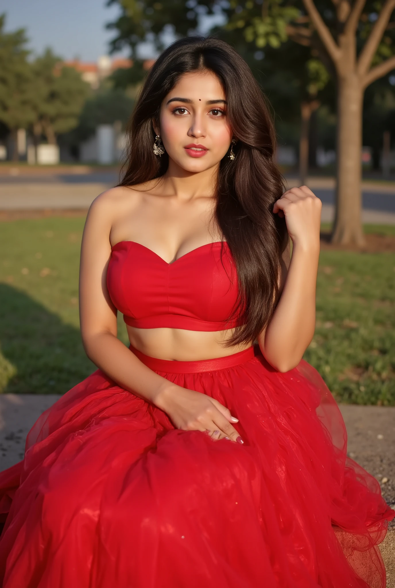 A beautiful big breast Indian woman confidently posing outdoors in a bold red strapless gown with a dramatic, ruffled tulle skirt and a deep neckline. She has long, voluminous hair, elegant earrings, and subtle makeup, sitting on park. Trees grass in the background . Her expression is poised and radiant, exuding elegance and charm in a high-fashion look."