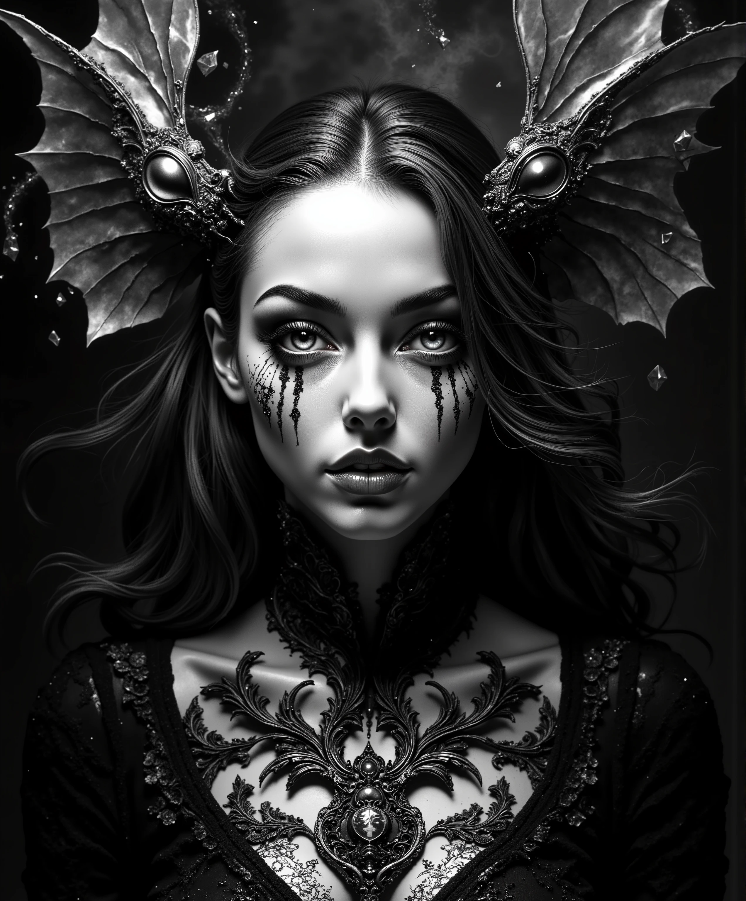 A hauntingly beautiful black and white portrait of an ethereal woman with multiple overlapping faces, hyperrealistic details, deep penetrating eyes reflecting infinite mirrors, skin like polished marble, delicate baroque patterns emerging from her elongated neck, surrounded by swirling dark smoke and floating crystal shards, extreme detail add texture, cinematic lighting with dramatic shadows, photographed with medium format camera, 16K resolution, deep blacks, and brilliant highlights, physically based rendering, photorealistic quality, gothic atmosphere, surrealist composition