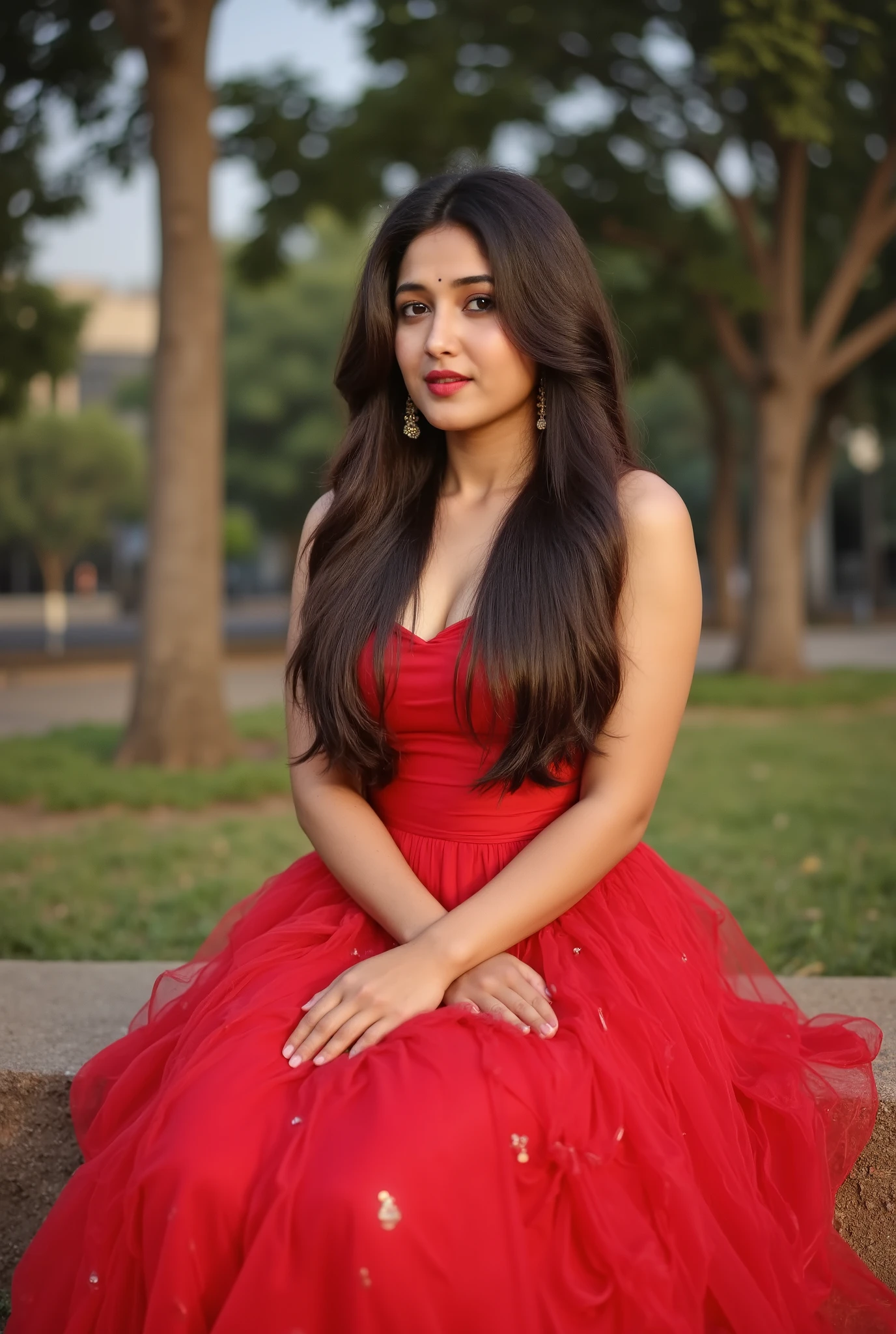 A beautiful big breast Indian woman confidently posing outdoors in a bold red strapless gown with a dramatic, ruffled tulle skirt and a deep neckline. She has long, voluminous hair, elegant earrings, and subtle makeup, sitting on park. Trees grass in the background . Her expression is poised and radiant, exuding elegance and charm in a high-fashion look."