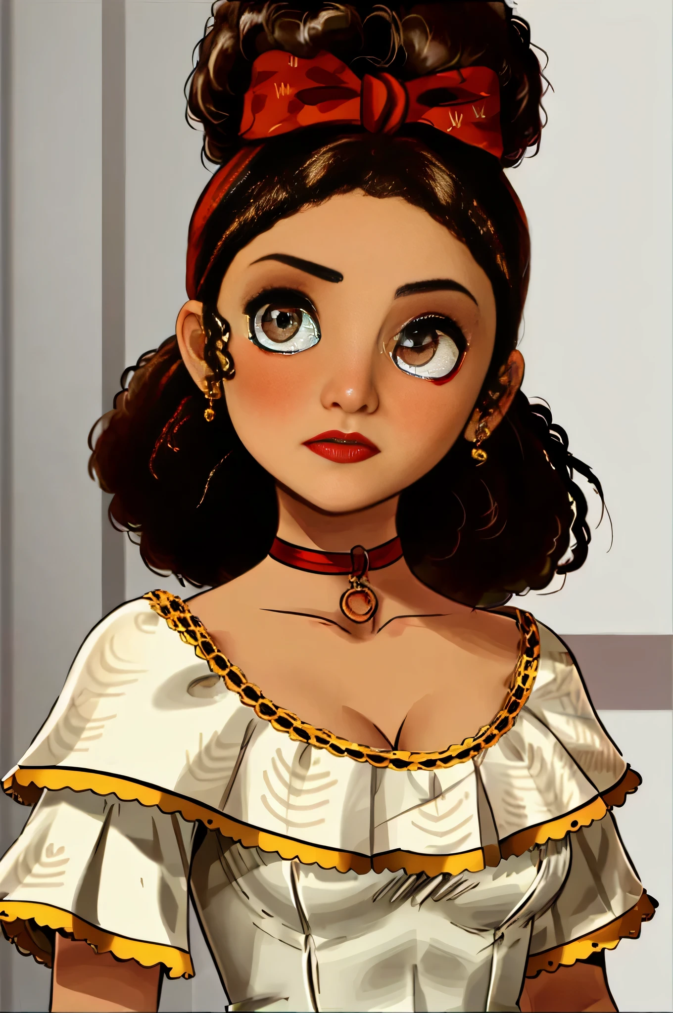 perfect well-designed eyes, bride, beautiful, beautiful, flores, studio lighting, dolores madrigal from Encanto, small boobs, neckline