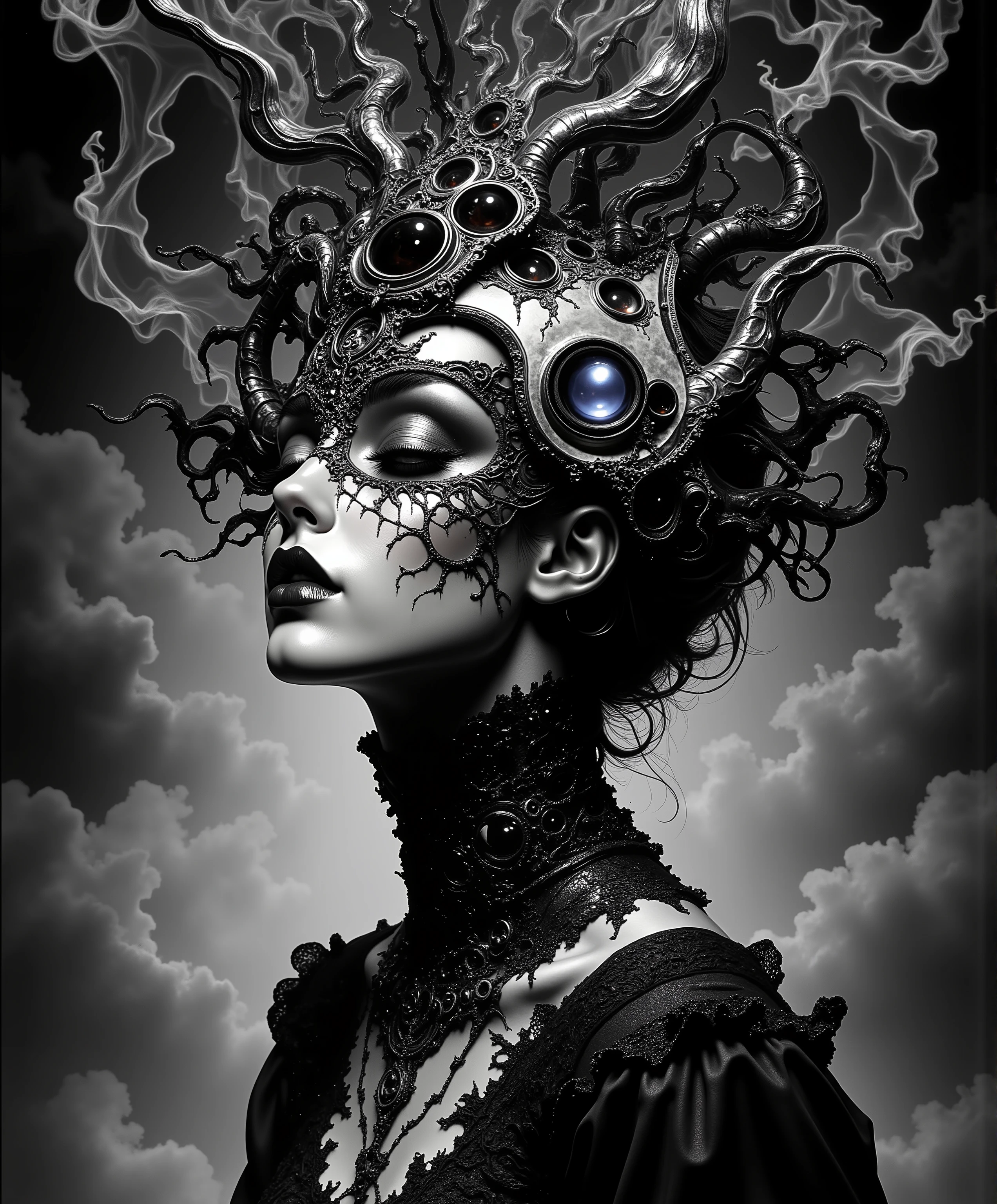A hauntingly beautiful black and white portrait of an ethereal woman with multiple overlapping faces, hyperrealistic details, deep penetrating eyes reflecting infinite mirrors, skin like polished marble, delicate baroque patterns emerging from her elongated neck, surrounded by swirling dark smoke and floating crystal shards, extreme detail add texture, cinematic lighting with dramatic shadows, photographed with medium format camera, 16K resolution, deep blacks, and brilliant highlights, physically based rendering, photorealistic quality, gothic atmosphere, surrealist composition