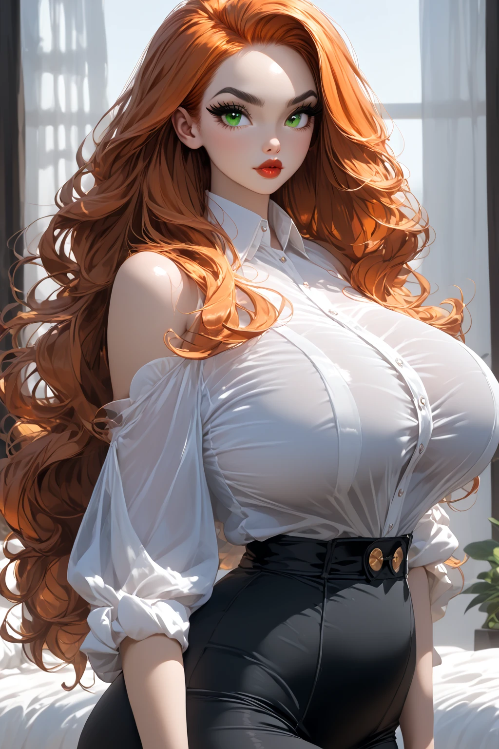 (masterpiece:1.2, best quality), realistic, (real picture, intricate details, depth of field), (1girl, solo), make up, parted lips, highly-detailed, gorgeous perfect face, (huge breasts:1.8), (skindentation), thick thighs, wide hips, average waist, tall, Luscious red lips, (Voluminous Wild Scarlet Red hairs), beautiful blue eyes, (sweating:1.2), (wet), sexy, blushing, (Adult Temptress) Voluptuous, Curvy, (Seductive dynamic pose) (Hanging breasts), (Deep Cleavage)