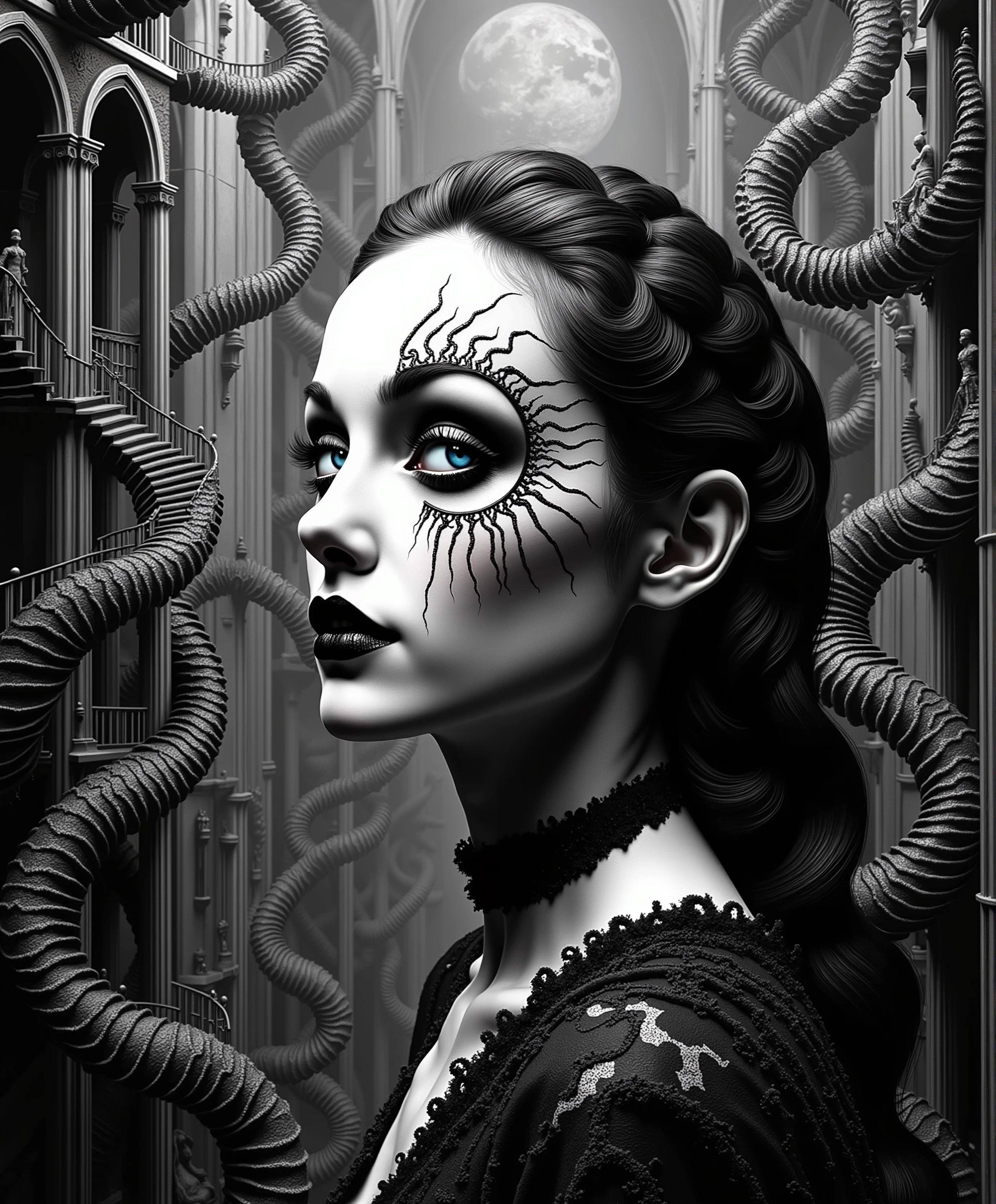 A haunting black and white portrait of an ethereal gothic woman emerging from impossible architecture, her form intertwined with MC Escher-like infinite staircases, skin transforming into crystalline geodesic structures, flowing hair composed of intricate mathematical patterns and Fibonacci spirals, surrounded by floating Gothic cathedral fragments that defy gravity, eyes reflecting hypercube dimensions, draped in clothing that morphs into architectural blueprints and sacred geometry, suspended in space amid towering art deco columns that spiral into infinity, tessellating patterns flowing through the scene like liquid metal, multiple vanishing points creating impossible perspectives, shot on large format camera, inspired by Piranesi and Zaha Hadid, extreme photorealistic detail, sharp contrast, volumetric light rays cutting through geometric shadows, 16K resolution