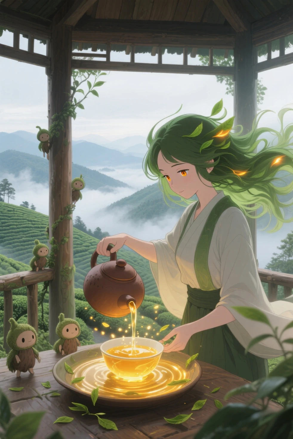 A tranquil tea spirit, steaming and aromatic, hovering over a freshly brewed cup in the early morning.<lora:EnvySpiritXL01-humanoid:1>