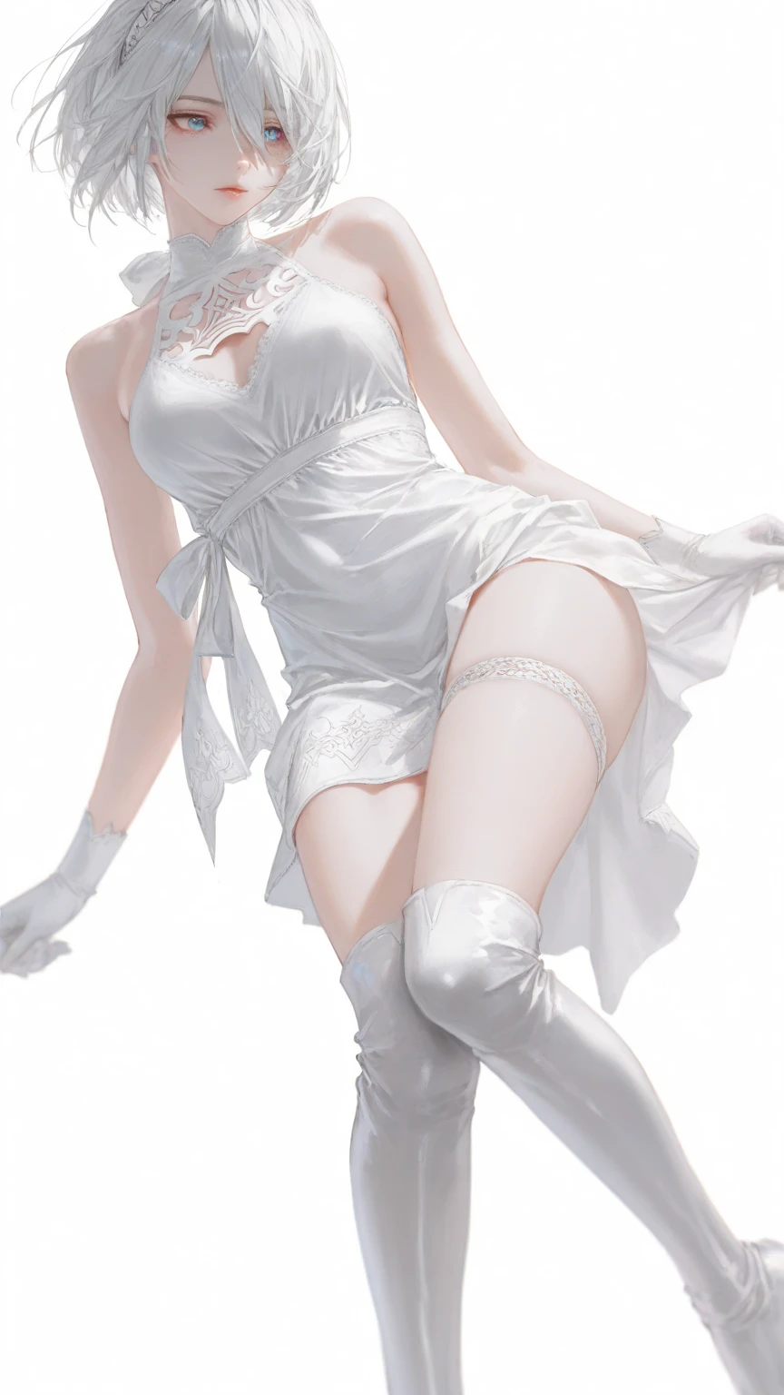 sexy girl wearing sexy white very thin soles thigh high boots, Very thin soled boots、white from the toes to the thighs thigh high boots, one piece in light pink, no sleeves, pin heeled thigh high boots, A full-body image showing the entire body clearly through the toes of long boots、looks very happy、shoulders and armpits exposed、tight sexy white opera gloves, turtleneck, invites to sex