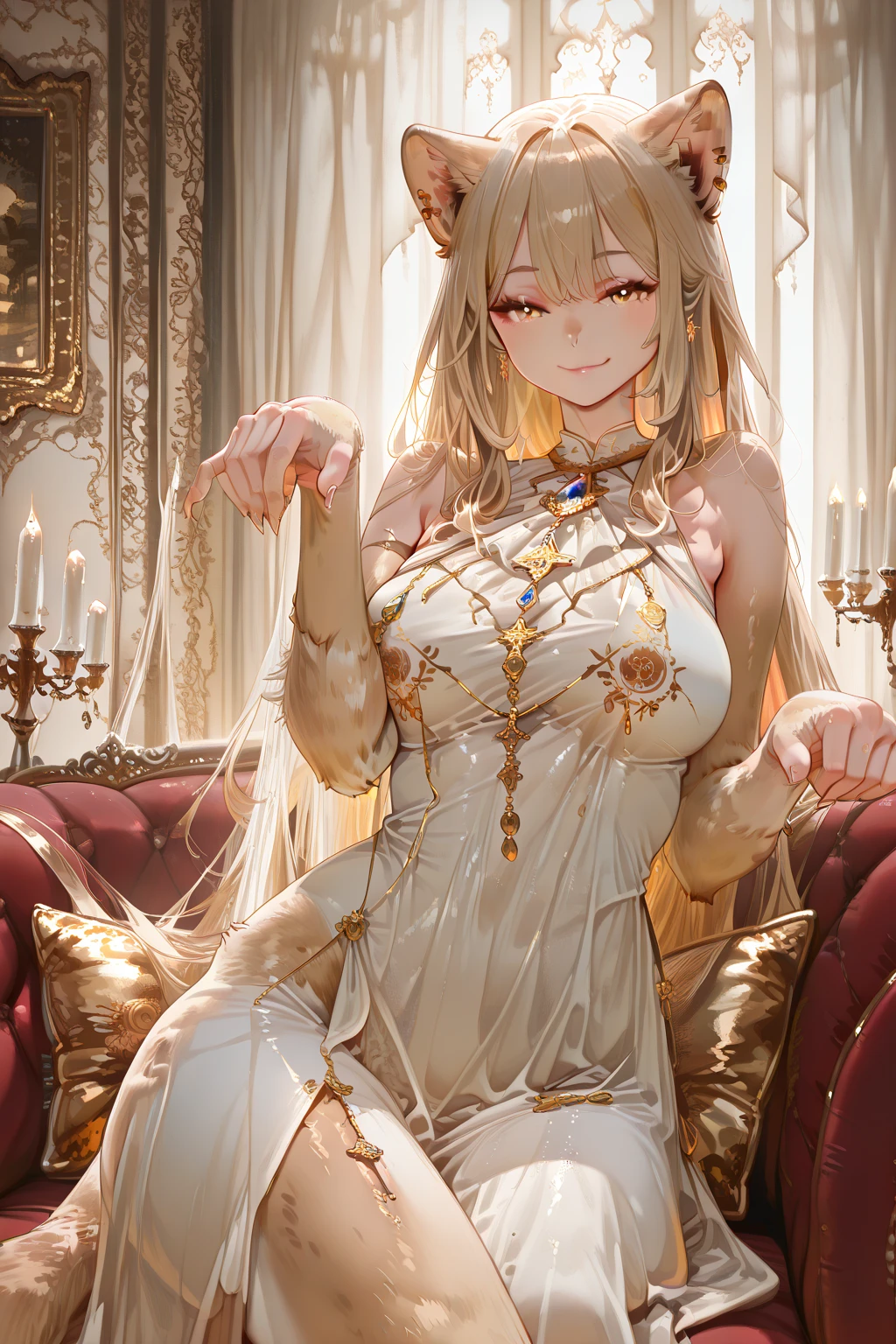 ((masterpiece)), (Textured skin), ((Attention to detail)), Highest quality, Awards, 8k, Beautiful woman, Silk dress, Noble, Princess, Queen, blonde, Half Up, Hair flap, Jewelry Tiara, Crystal Earrings, Sharp focus A Beautiful woman with perfect body, Slim abdomen, Light brown hair, Shiny Hair, Low twin tails