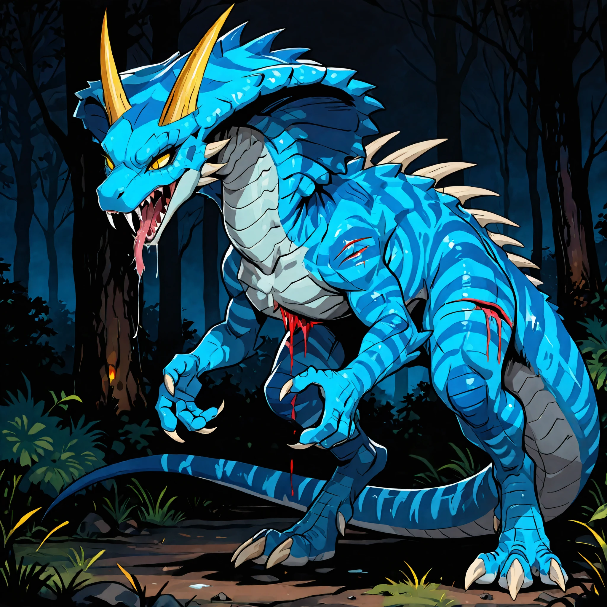 masterpiece, best quality, anime style, anime shading, full body picture, centered, dinosaur, (cobra), monstrous body shape, 1girl, (vertigo), yellow eyes, striped body, blue scaled body, (claws), white claws, (horns), fangs, digitigrade legs,(in a forest), (at night), (dark background) (injured leg), injury, (injured chest), (injured), (claw marks), (bleeding), tired expression, head down, saliva, on the ground,