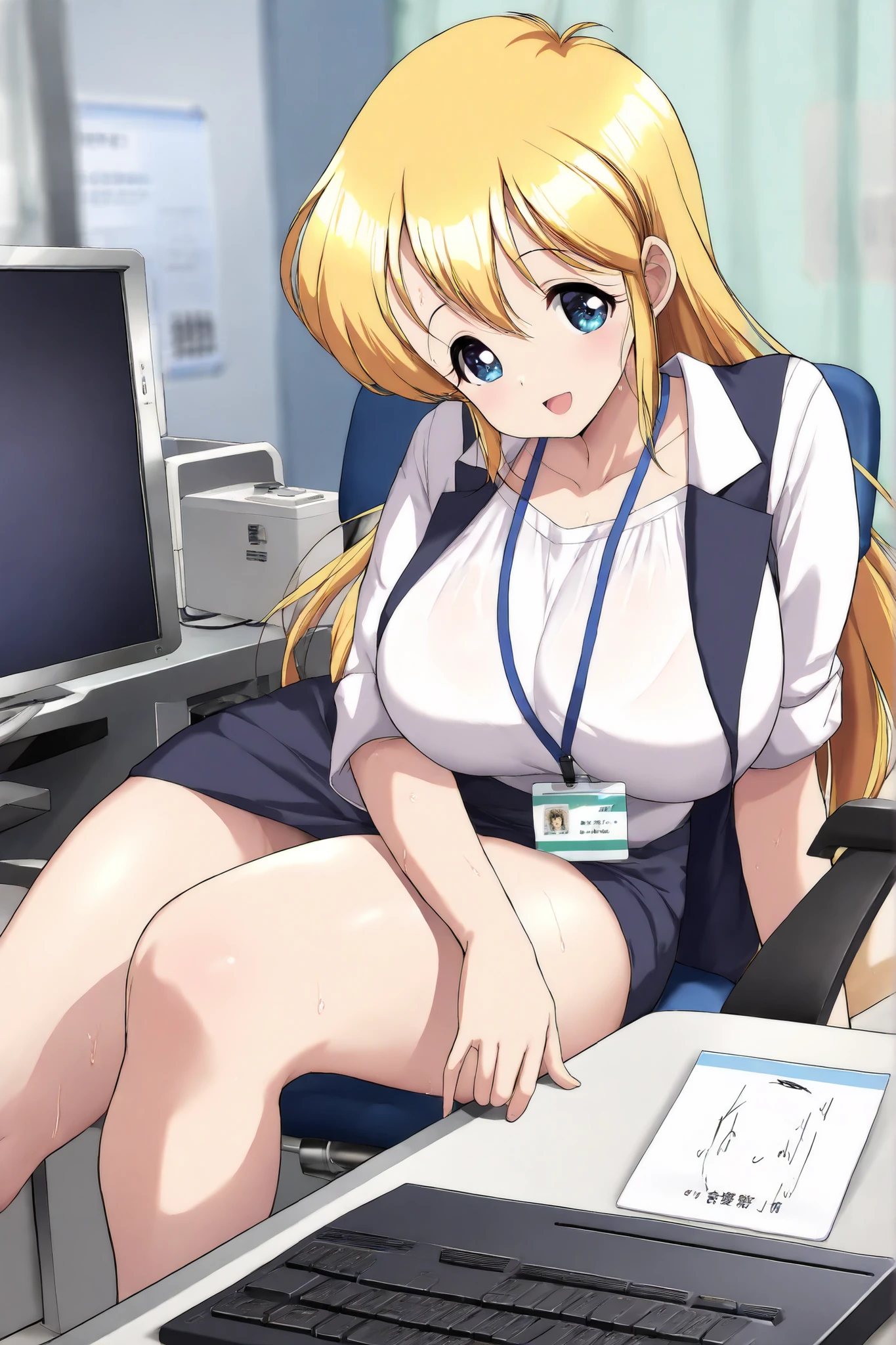 (masterpiece,Highest Quality:1.4),,,Beautiful Shadows, Sensei Luna,Long blonde,( Official Art) ,runa,[Huge Chest,smile,solo,curvy,detailed skin,Heavy 、Hospital office、Touching the computer keyboard、sitting on a chair、has an open mouth、white blouse, navy office vest, dark pencil skirt、ID card lanyard, neck strap ID badge、sweaty