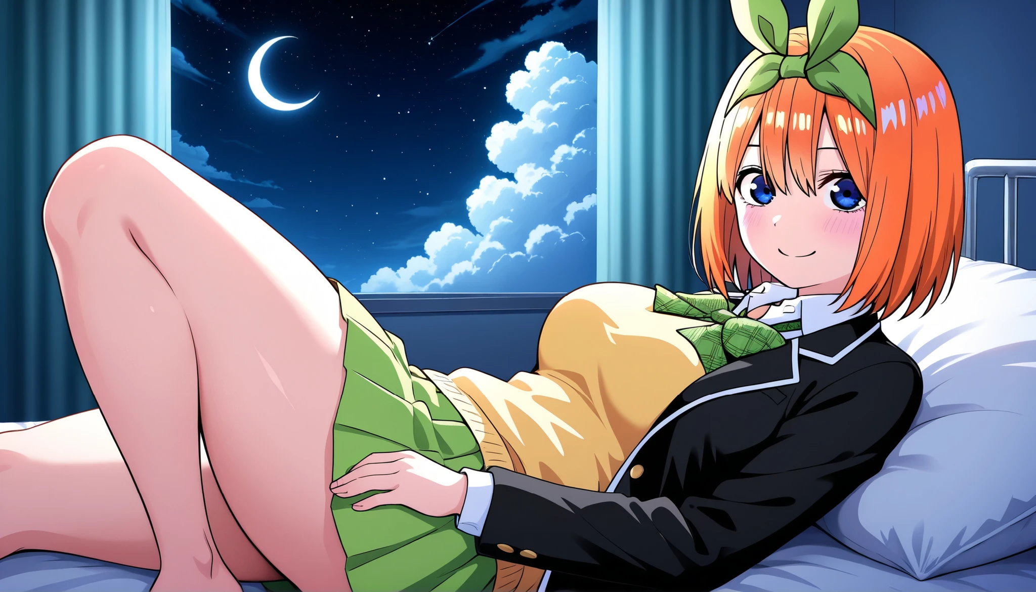 1girl,nakano_yotsuba, (jacket), short hair, hair ribbon, green ribbon, hairband, green bow, collared shirt, sweater vest, blazer, black jacket, open clothes, long sleeves, green skirt, pleated skirt, ,smile,thick thighs,knee up,crescent moon, stars (sky),looking at viewer,bed,screen,solo,infirmary,lying on bed,crescent moon, star (sky), cumulonimbus cloud, dark background, knee up,