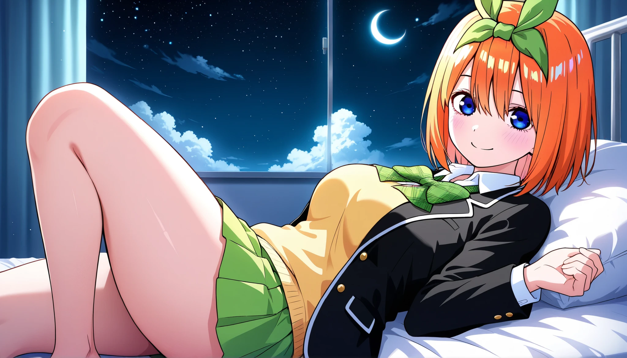 1girl,nakano_yotsuba, (jacket), short hair, hair ribbon, green ribbon, hairband, green bow, collared shirt, sweater vest, blazer, black jacket, open clothes, long sleeves, green skirt, pleated skirt, ,smile,thick thighs,knee up,crescent moon, stars (sky),looking at viewer,bed,screen,solo,infirmary,lying on bed,crescent moon, star (sky), cumulonimbus cloud, dark background, knee up,