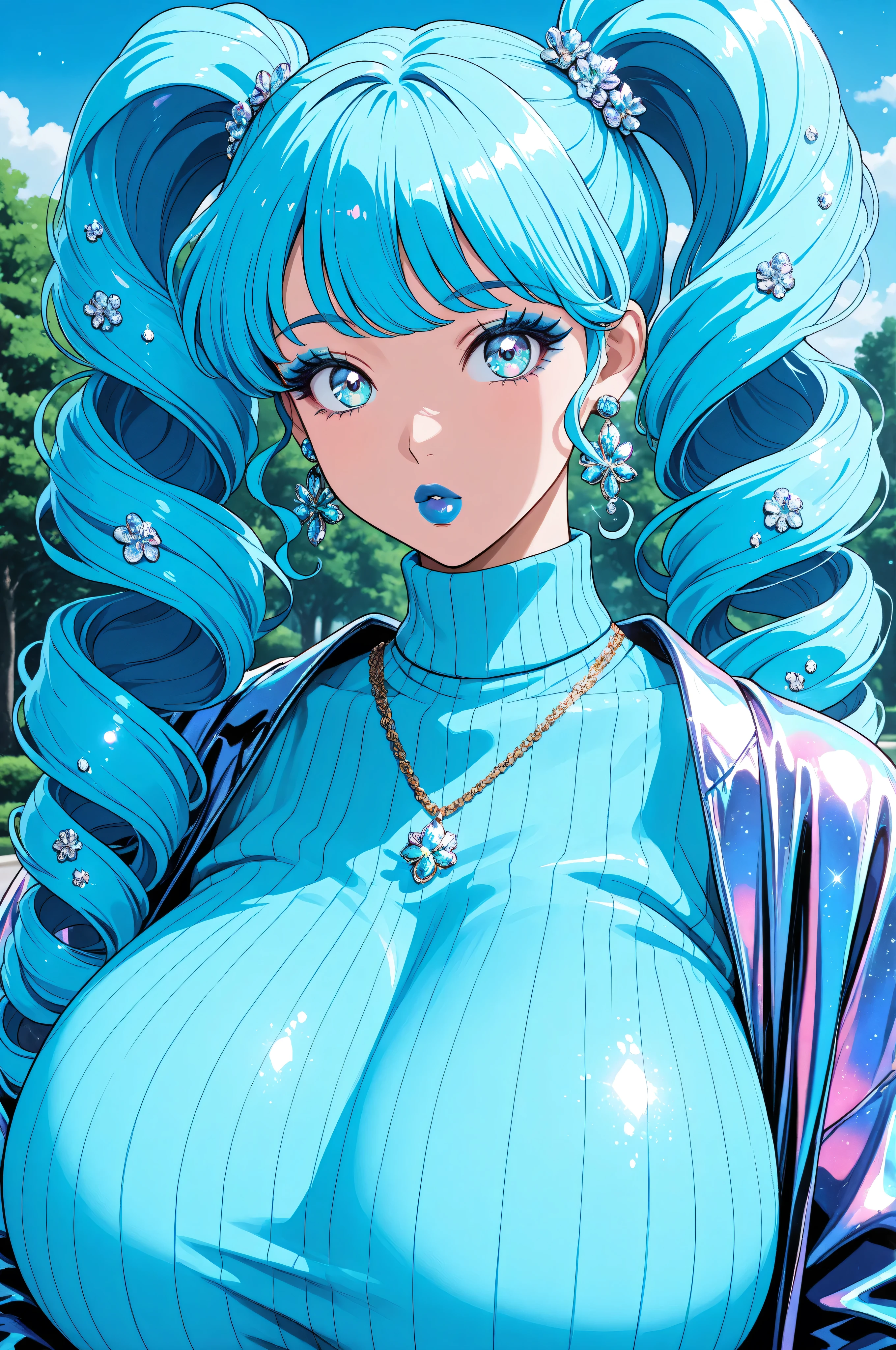 face closeup, glitter,  voluptuous,  woman, very long curly hair in long curly pigtails, icy blue hair, icy blue eyes, icy blue eyeshadow, blue eyelashes, blue clothing, blue lips, blue earrings and necklace, , turtleneck and jacket, looking at viewer,  puffy lips, iridescent colors, flowers, trees, sky, detailed background ,
