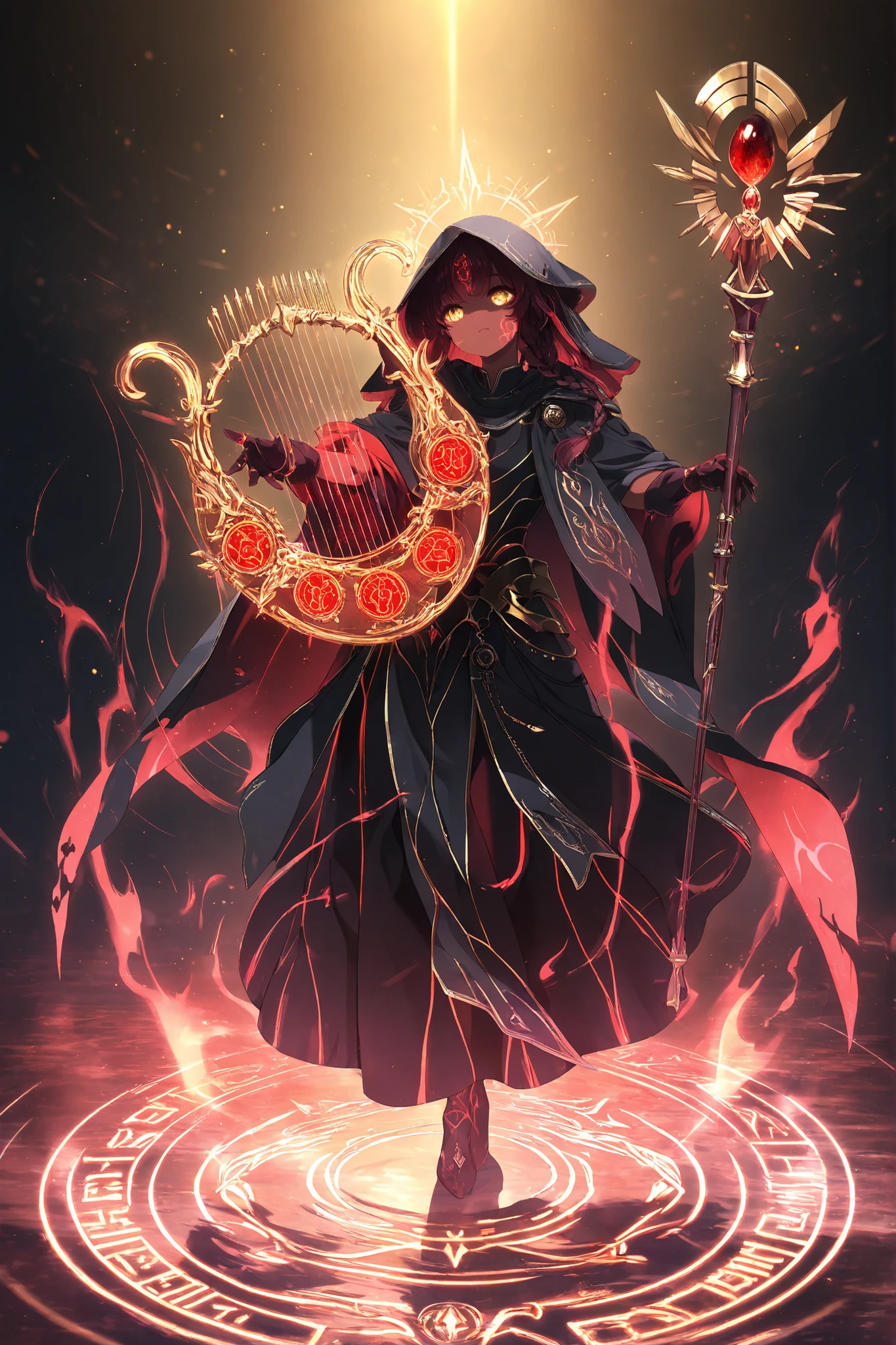 Masterpiece, natural lighting, night, perfect shadows, ray tracing, detailed image, perfect human anatomy, androgynous figure with strong biophysique, large, muscular, with a calm and solemn presence, dark skin marked by glowing golden spiral tattoos, half-open golden eyes with a trance-like expression, wearing ceremonial armor with thin plates that glow and vibrate subtly, long braided hair adorned with sound beads, robes made of dark red and gold cords flowing like instrument strings, carrying a sacred hybrid staff shaped like a drum or harp, glowing runes inscribed on fingers and gloves, ornate rings on each finger, aura of pulsating sound waves, dreamscape background with floating musical symbols and distorted physics, soft golden lighting with dark ambient shadows, full-body concept art, dark fantasy style, high level of detail, cinematic style, 4k, hyper-detailed, aura of calm power, ripples of visual sound energy in the air