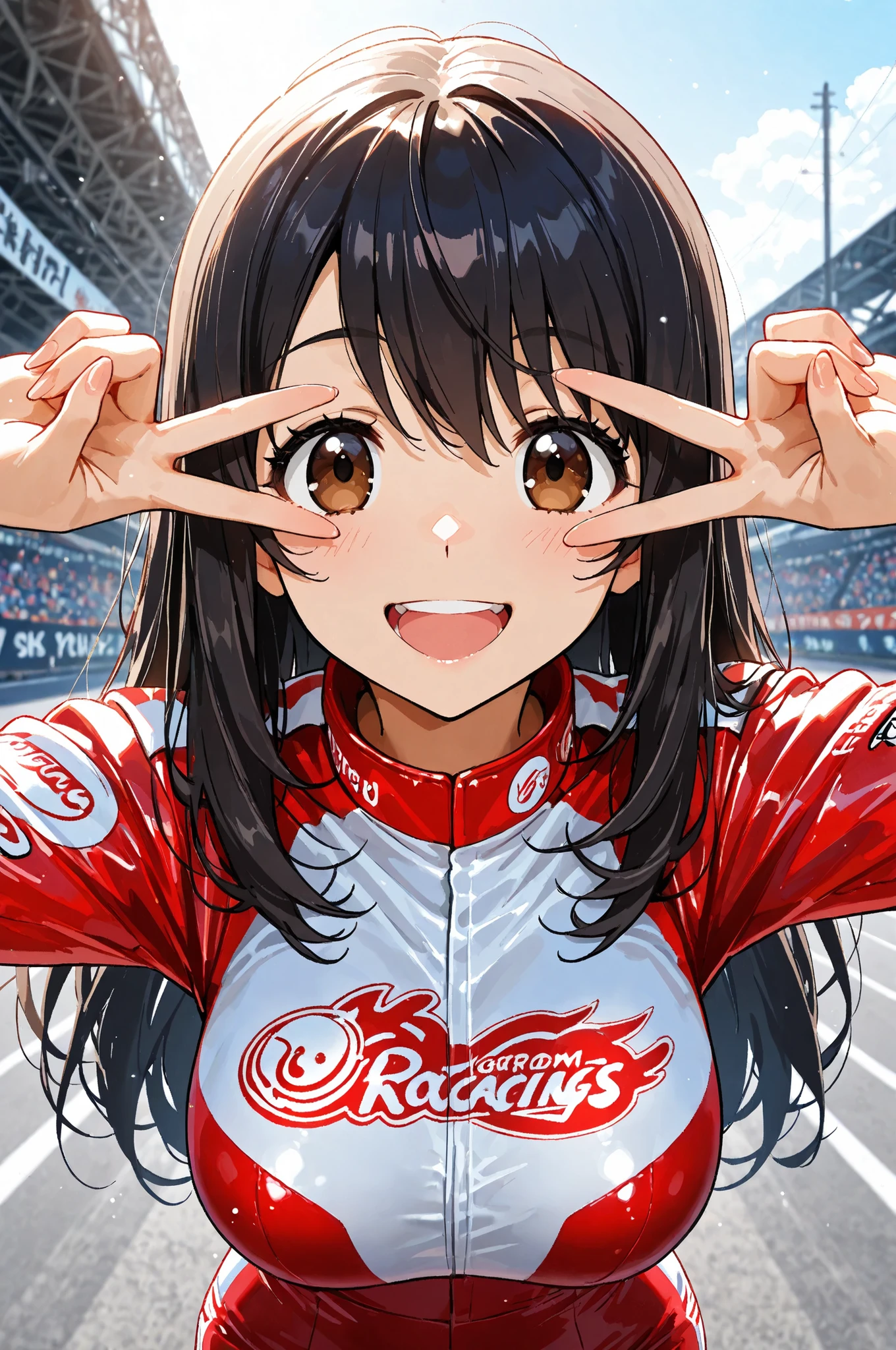 1girl, staring closely at the viewer,22 years old, (Tareme, detailed cute brown eyes), Curled Lashes, (big breasts:0.8), Female Racers, dark haired, Long Hair, (Smile Yan, open your mouth), (v over eyes), Red Racing Suit, Sponsor logos, race circuit background, physically-based rendering, natural lighting, masterpiece, Highest Quality, great quality, very aesthetic, super high resolution, Newest, (anime style:1.2), Super Detailed, Kawaii style, 8k, Ultra Detailed, masterpiece, Dramatic Lighting, cinematic, Rich color , vivid