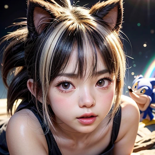 , 8k, High-level, absurd, masterpiece, best quality, primitive, very detailed CG, very detailed wallpaper, perfect lighting, Extremely detailed (((The personifying " キャットウーマン " as a Little Girl))), MysticSight, Tyndall effect, Tyndall scattering, Studio gray background with (many Dazzling RainbowColor particles BokeH:1.28), (RoundlyButts, ThighGap), (:0.4), ( with looking ahead), BREAK (NOGIZAKA face variations) Extremely Detailed very KAWAII face variations, perfect , Childish, captivating gaze, elaborate detailed Eyes with (sparkling highlights:1.28), long eyelashes、Glossy RED Lips with beautiful details, Coquettish tongue, Rosy cheeks, Radiant PearlSkin with clear transparency . { (Dynamic LifeLike expressions:1.4) | :d) }, (large eyes:-1) .
