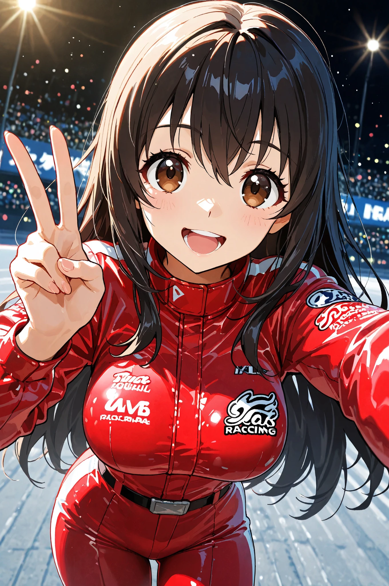 1girl, staring closely at the viewer,22 years old, (Tareme, detailed cute brown eyes), Curled Lashes, (big breasts:0.8), Female Racers, dark haired, Long Hair, (Smile Yan, open your mouth), v, Red Racing Suit, Sponsor logos, race circuit background, physically-based rendering, natural lighting, masterpiece, Highest Quality, great quality, very aesthetic, super high resolution, Newest, (anime style:1.2), Super Detailed, Kawaii style, 8k, Ultra Detailed, masterpiece, Dramatic Lighting, cinematic, Rich color , vivid