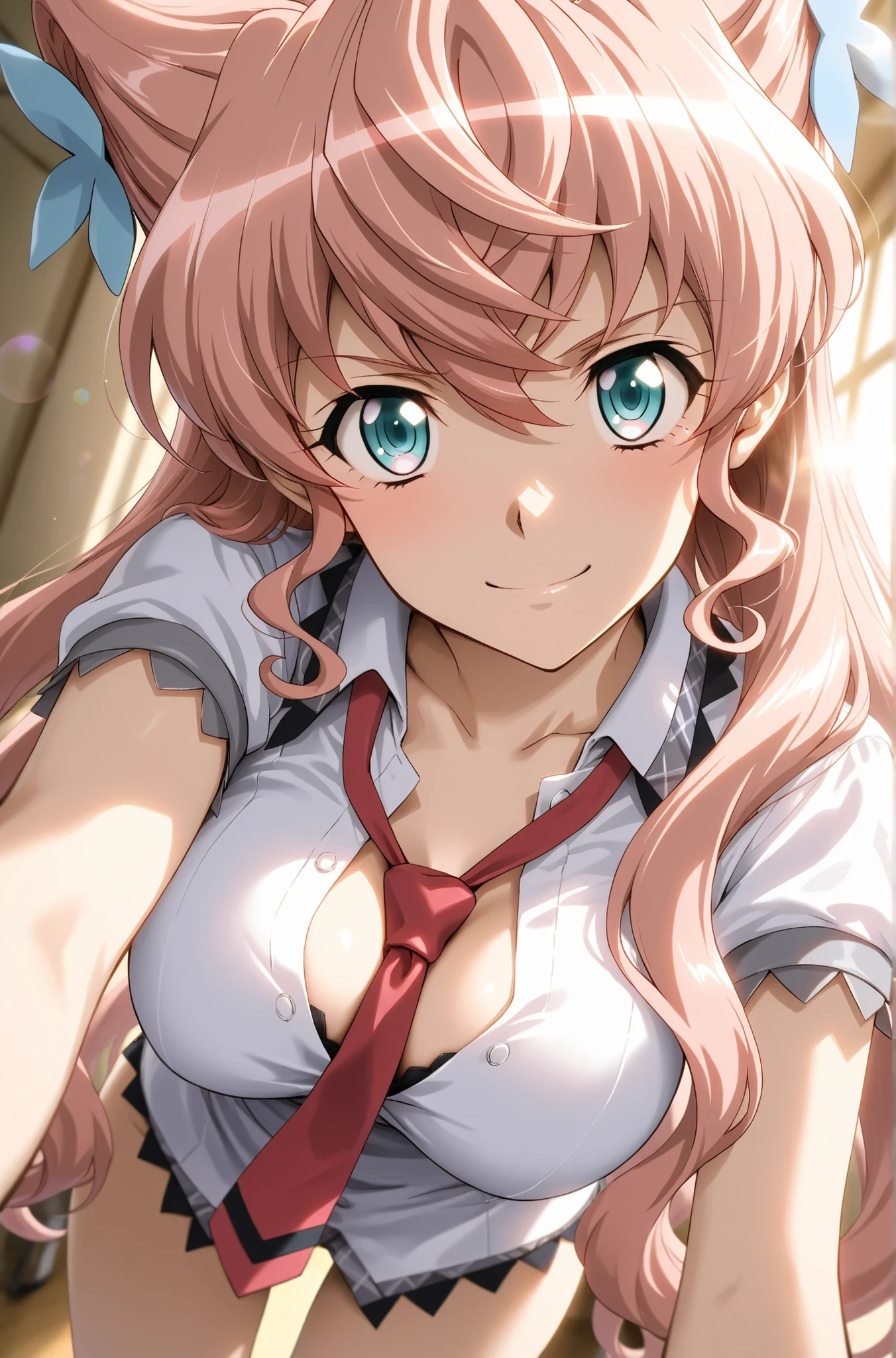 symphogear,Maria Cadenzavna Eve,Dutch Angle、Cleavage、Loose Necktie、indoor、school_uniform, shirt, short_sleeves,bottomless、red_necktie,lens flare、Shining Contours、Smile Yan、Shy、anatomically correct、close-up、Close contact