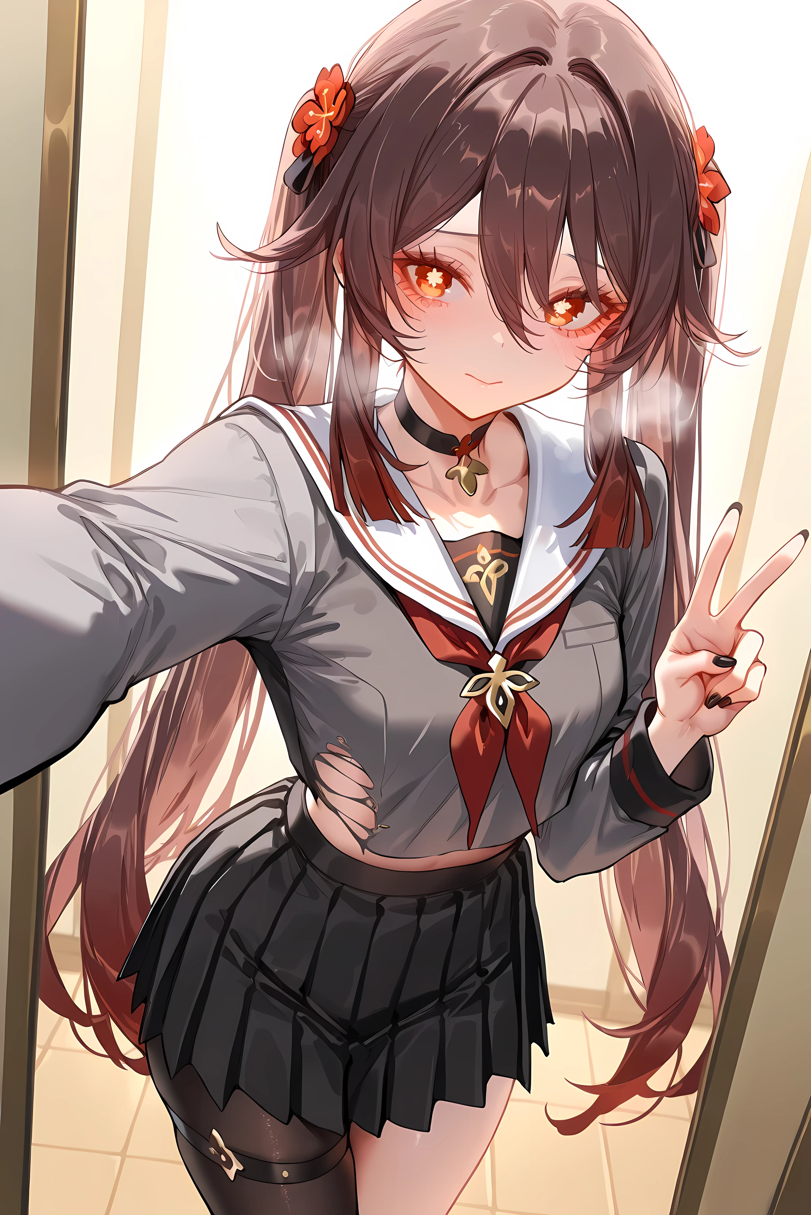 score_9, score_8_up, score_7_up, masterpiece, best quality, very aesthetic, absurdres, tunning image, attractive image, solo, 1girl, adult grown woman, Hu Tao (Genshin_Impact), red_eyes, brown_hair, long_hair, twintails, symbol-shaped_pupils, small_breasts, masterpiece,best quality,amazing quality, ero404, pottsnesssdxl, 5 fingers, alternate costume, black_serafuku, black choker, white sailor_collar, red_ribbon, arm_cutout, torn clothes, single thigh strap, single leg pantyhose, grey jacket, pleated skirt, heavy breathing, closed mouth, selfie, selfie shot,