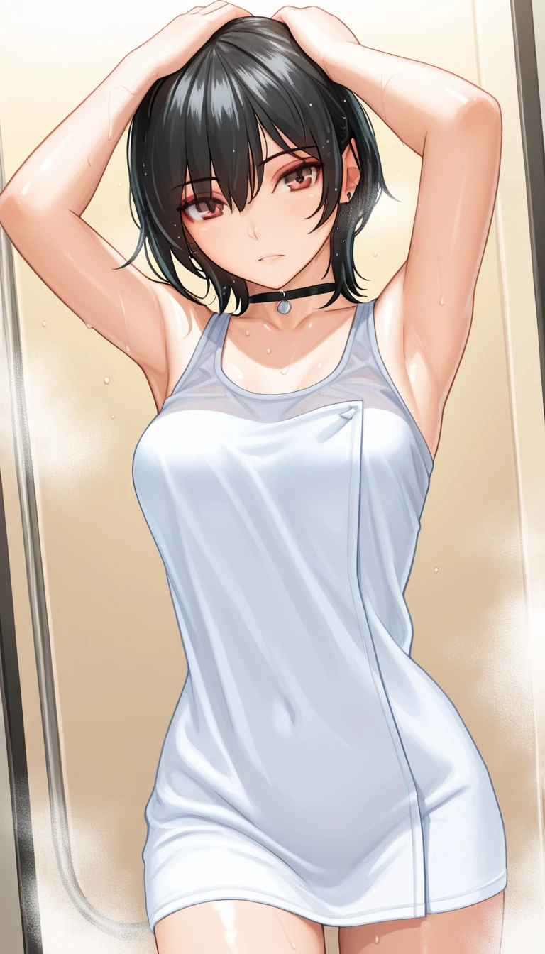 ((masterpiece, best quality)),((highres:1.2)), 1 Girl, solo, Cowboy Shot, Blurred Background, (((Small breasts))), Thighs, (Stripe underwear), ((lift the Shirts:1.3)), Off the shoulder, (sexy One Shoulder T-Shirts),