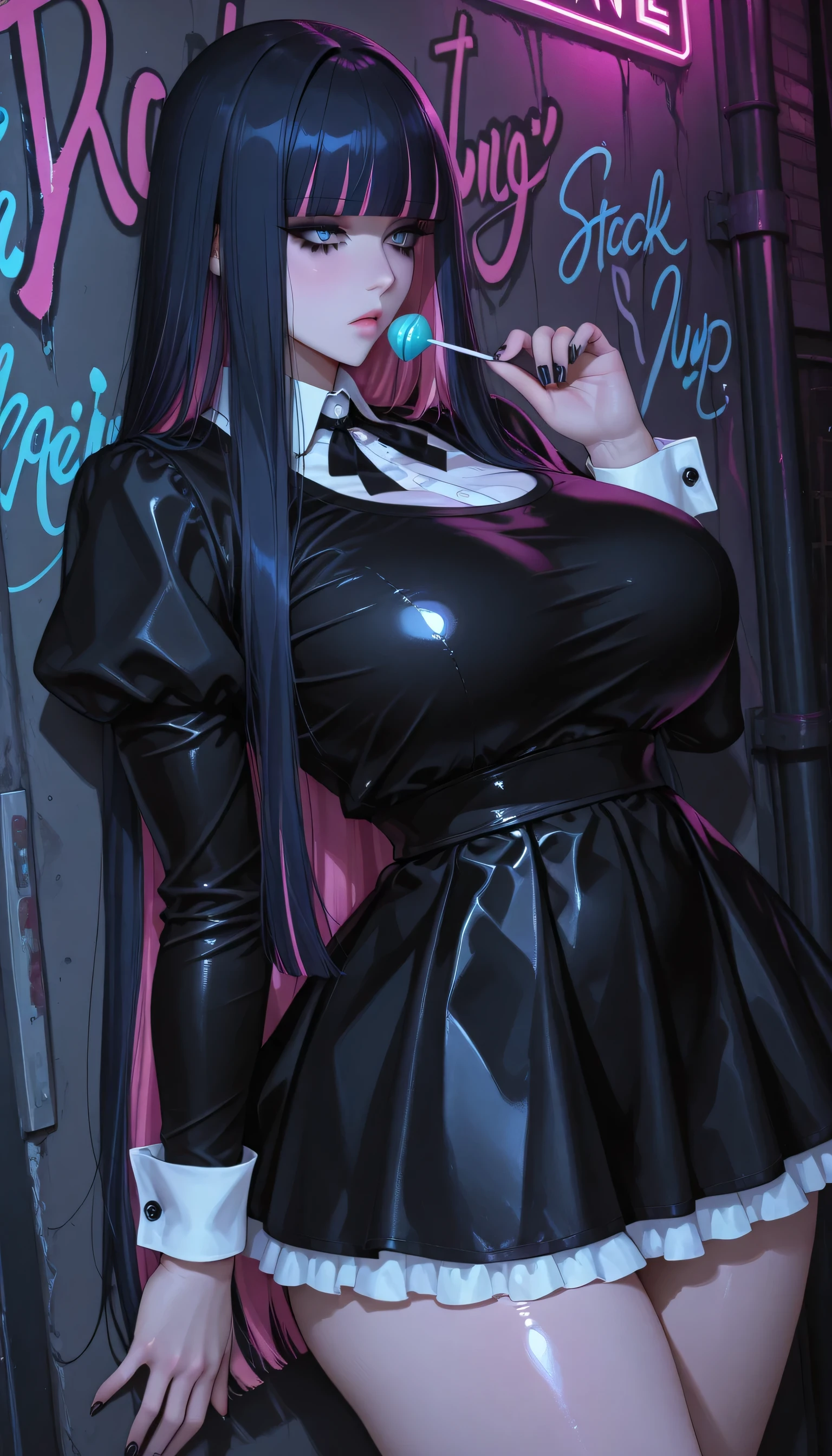 score_9, score_8_up, score_7_up,amazing quality,source_anime,morimee_style,highly detailed,,shiny skin,sharp face,clear eyes,two-tone_hair,colored inner hair,1_5'57"_woman,adult woman,break,stocking \(psg\),beautiful detailed blue_eyes,[gigantic_breasts],voluptuous_body,big eyes,Eyelash extensions,long lower eyelashes,very_long_hair,straight_hair,pink and black_hair,blunt_Bangs,black_dress,frill_skirt,black eyeliner,black eyeshadow,Black nails,black_mascara,wide_hips,holding_lollipop, alley, (graffiti), love hotel,night,leaning back, against wall, people in background,standing,,midnight,MOONnight,high_contrast,Contrasting light and shadow,Cinematic Lighting , 