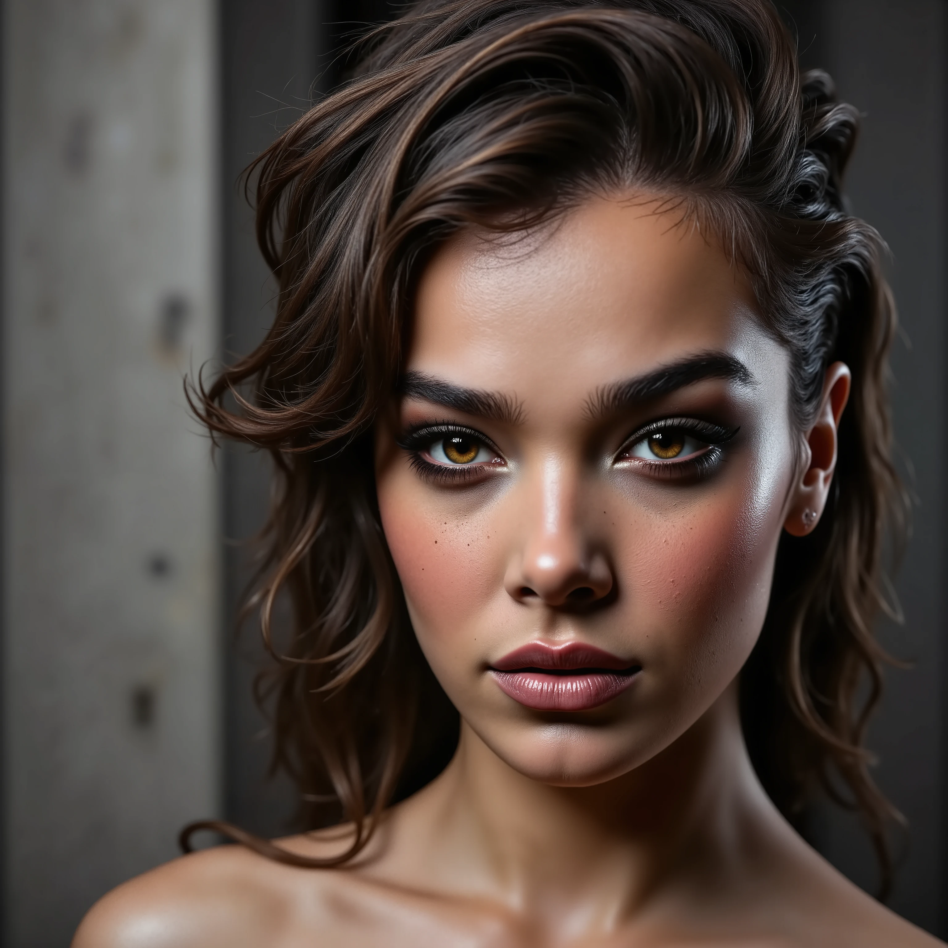 close up image of arafed woman looking directly and intensely into the camera, her head slightly tilted down, intimidating, mischievous little smirk, piercing eyes, concrete background