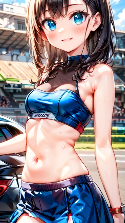 White bikini girl, Long black hair, Ponytail,at the motor show