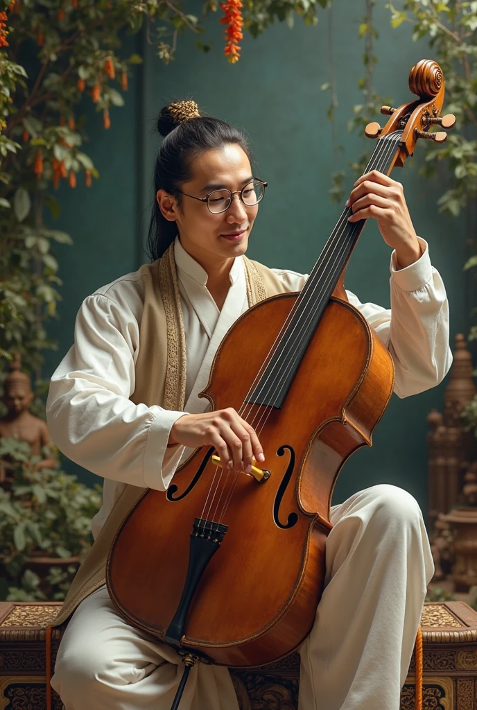 1man, young man, ling hair, western face, face detail, tall and thin, playing erhu,holding erhu, wearing hanfu, (((masterpiece,best quality))),((good structure,Good composition,good atomy)), ((clear, original,beautiful)),