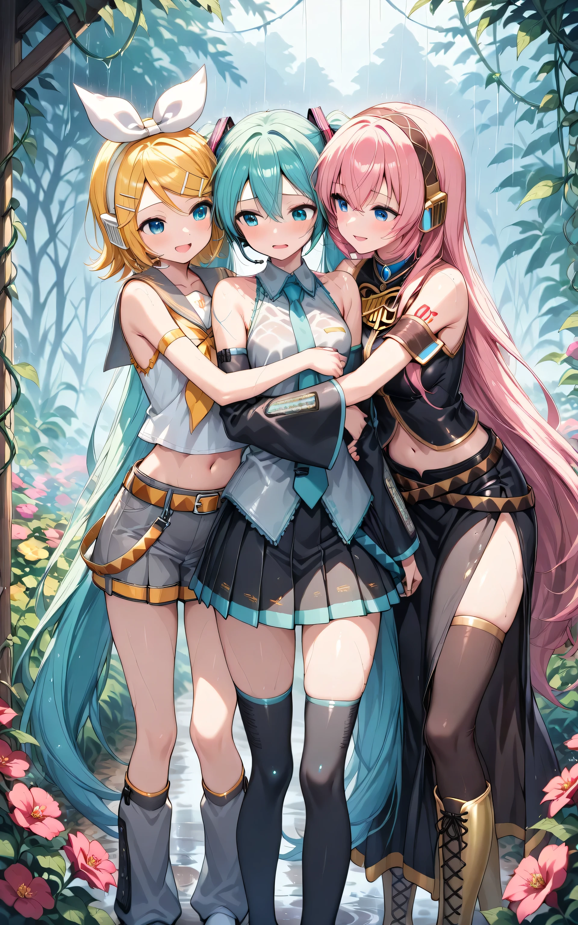 ((masterpiece)), best quality, (high brightness,low gamma,soft colors), very awa, extremely detailed CG unity 8k wallpaper,
((multiple girls,3girls,yuri,hug from behind)),
(hatsune miku,vocaloid,grey shirt,sleeveless,lace,black skirt,pleated skirt,detached sleeves,black sleeves,wide sleeves,aqua necktie,bare shoulders,aqua hair,very long hair,twintails,hair ornaments,hair between eyes,wearing black boots,thigh boots,black thighhighs),
(kagamine rin,vocaloid,white shirt,sleeveless,lace,grey skirt,pleated skirt,detached sleeves,grey sleeves,wide sleeves,grey sailor collar,yellow neckerchief,belt,navel,yellow hair,short hair,white headphones,hair bow,white bow,multiple hairpins,hair ornaments,swept bangs,wearing white footwear,grey leg warmers),
(megurine luka,vocaloid,black dress,sleeveless,lace,black skirt,side slit,single detached sleeve,gold sleeve,single armband,belts,navel,pink hair,very long hair,black headphones,single sidelock,crossed bangs,wearing gold boots,knee boots,cross-laced footwear),
(((eyes open,smile))), (open mouth), embarrassed,
(((rain,downpour))), ((wet hair,wet skin,wet clothes)), A downpour drenching hair and skin, water drop, outdoors, (((garden,flower,vines))), (cinematic lighting,bokeh),