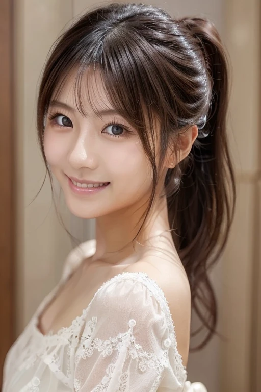 ((8k、RAW photo、highest quality、masterpiece:1.2))、(genuine、フォトgenuine:1.35)、shot from behind、japanese women、１people&#39;s women、Slender beauty、ponytail 、big breasts、((T-back:1.3))、on the bed、super detailed face、super detailed eyes、double eyelid、smile、background blur
