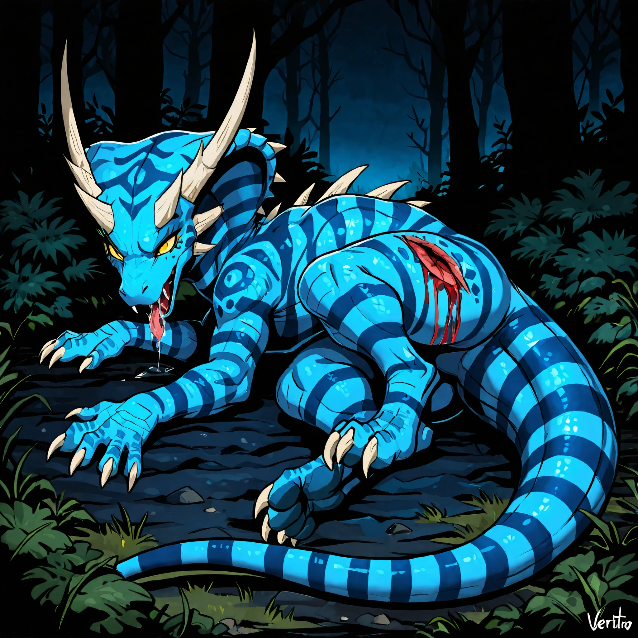 masterpiece, best quality, anime style, anime shading, full body picture, centered, dinosaur, (cobra), monstrous body shape, 1girl, (vertigo), yellow eyes, striped body, blue scaled body, (claws), white claws, (horns), fangs, digitigrade legs,(in a forest), (at night), (dark background)  (injured leg), (injured thigh), (injury), (injured), (claw marks), (bleeding), tired expression, head down, saliva, on (laying on the ground),