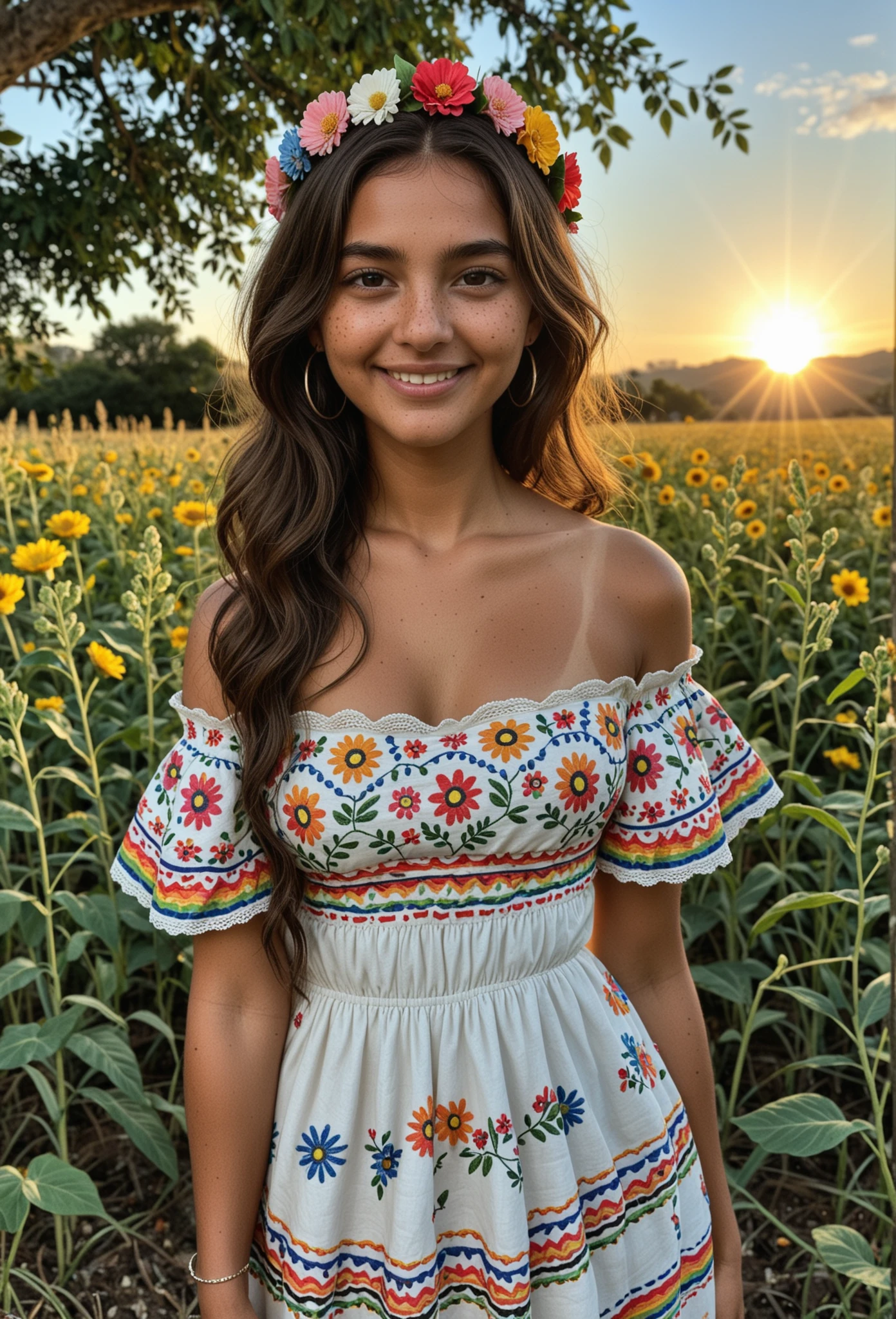 score_9, score_8_up, masterpiece, best quality, absurdres, amazing quality, ultra realistic, soft lighting, olive skin, (mexican woman), beautiful face, long wavy dark brown hair, flower crown, traditional mexican dress, colorful embroidery, off-shoulder blouse, folkloric style, ethnic jewelry, soft smile, detailed skin texture, shallow depth of field, vibrant outdoor market background, afternoon sunlight, extremely detailed skin, natural skin texture, shallow depth_of_field, blurry_background, 



Maya
