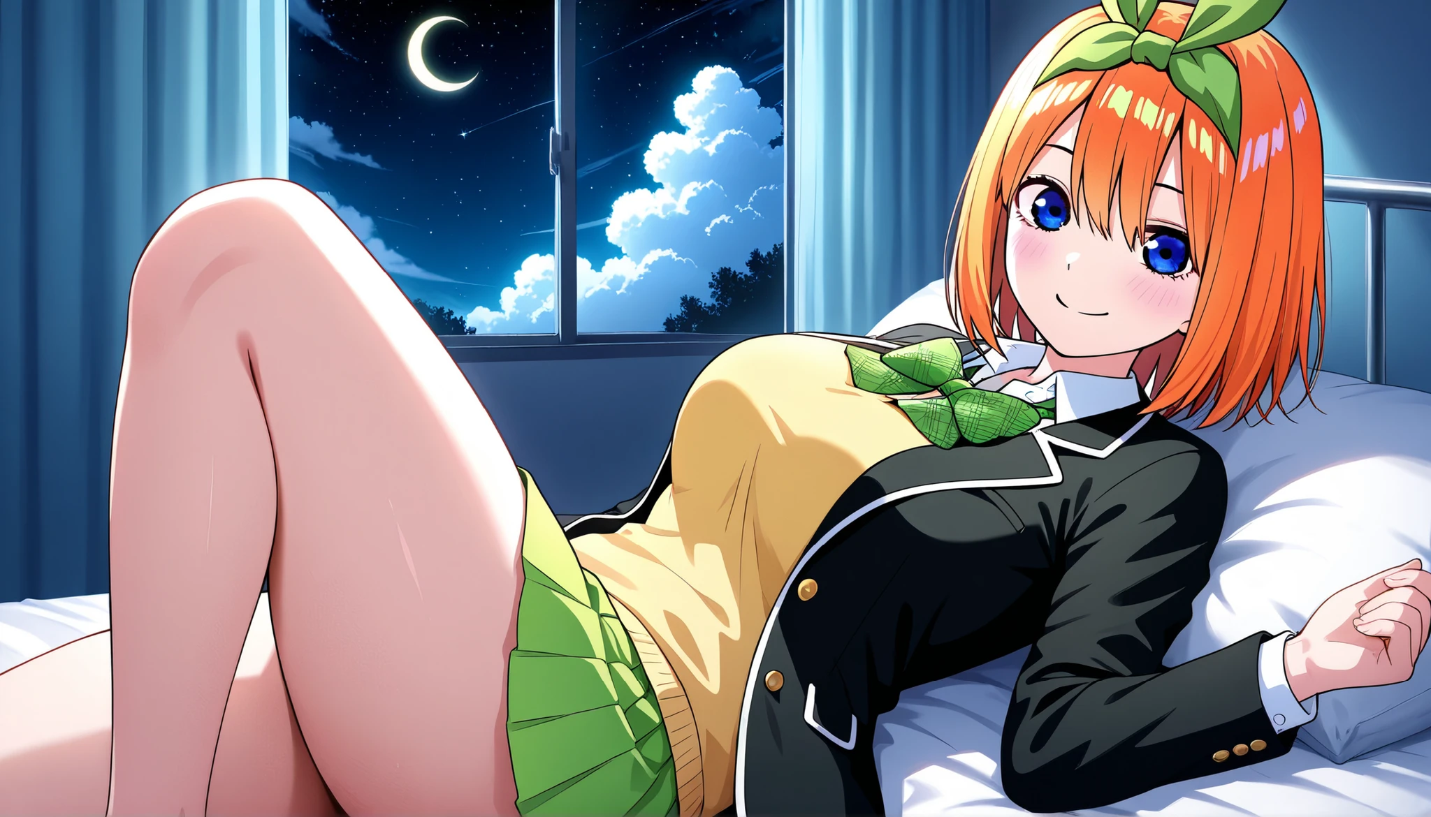 1girl,nakano_yotsuba, (jacket), short hair, hair ribbon, green ribbon, hairband, green bow, collared shirt, sweater vest, blazer, black jacket, open clothes, long sleeves, green skirt, pleated skirt, ,smile,thick thighs,knee up,crescent moon, stars (sky),looking at viewer,bed,screen,solo,infirmary,lying on bed,crescent moon, star (sky), cumulonimbus cloud, dark background, knee up,
