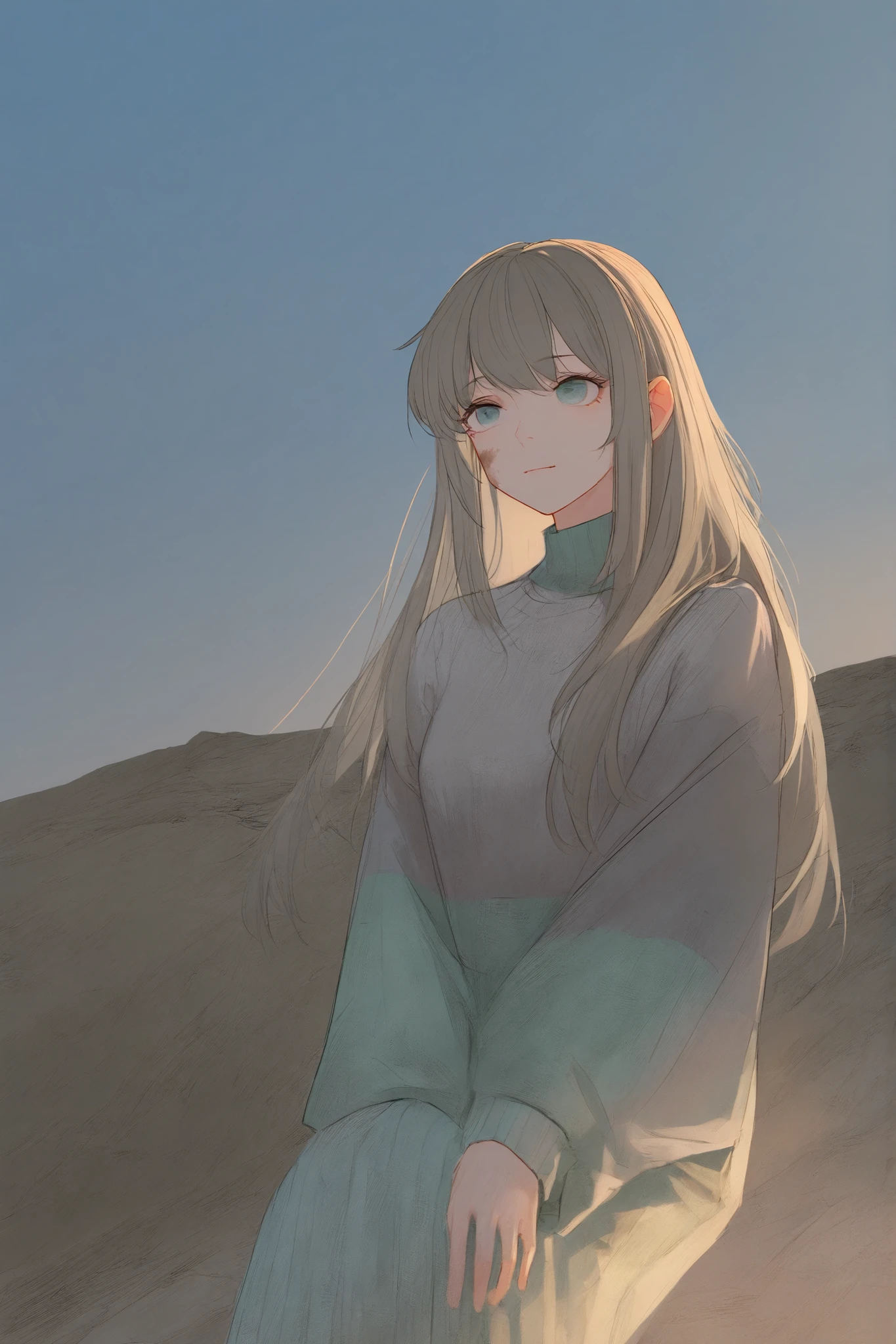 abstract, oil paint, picturesque, incredibly ridiculous , high definition, masterpiece, newest, 1 girl, face: Pale, with a slight blue one under deep-set eyes, huge, light (gray/are pale blue/green), incredibly expressive. hair: platinum , Thin, often falling on the face, skin: almost porcelain, but with a barely noticeable gray with the thinnest cracks. Clothes: woolly shabby sweater, slightly shabby, color — natural, muted: болотные green, dirty white, пепельные gray, deep blue, clay brown. Sits on the edge of the cliff. На небе gray тучи, without sunlight