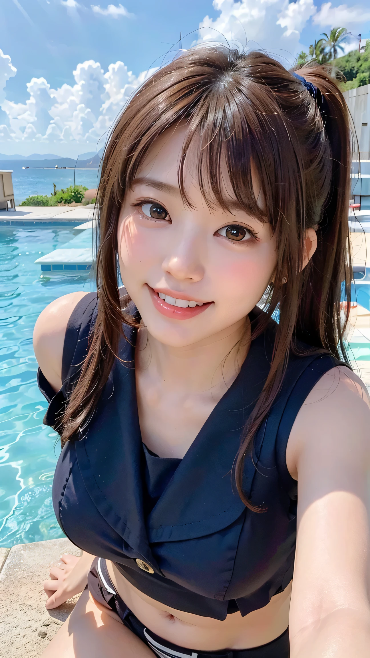 （8K、high resolution、High resolution、Fine details）Beautiful eyelashes、High resolutionの顔、Zoom out、18 years old、 Beautiful detailed eyes、Random cute hairstyles、C cup breasts、White swimsuit、bikini、Pose with hands on the table、Front facing