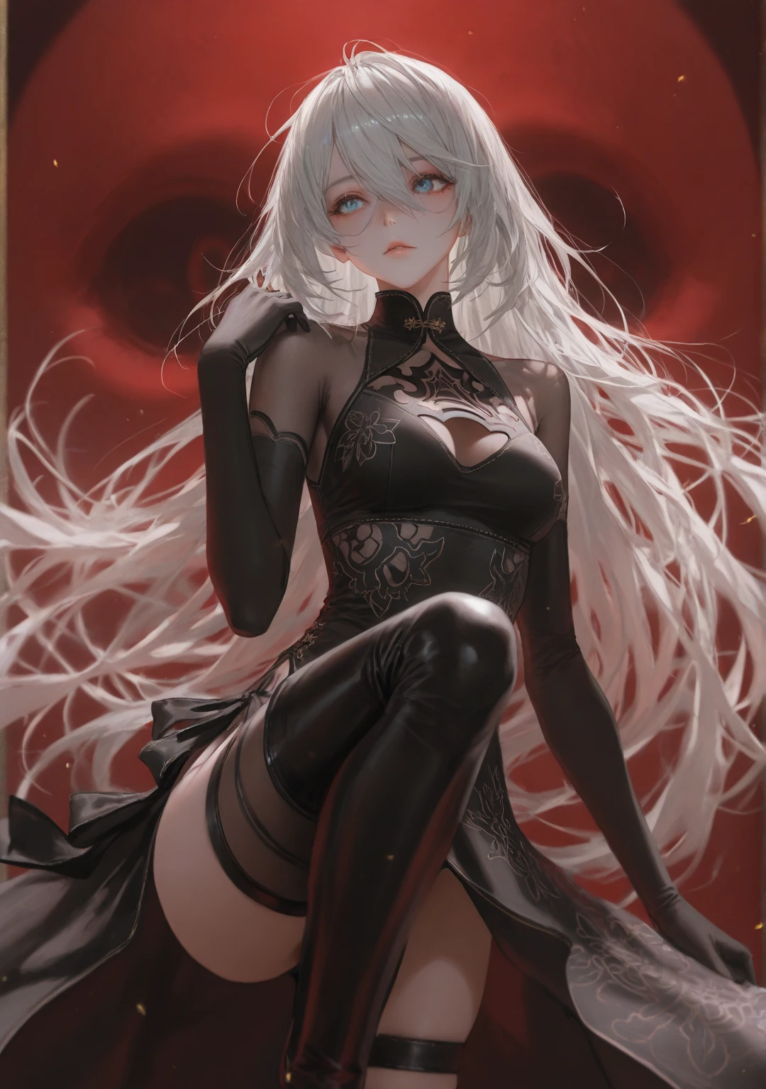 anime girl in black and red outfit with chains around her, trending on artstation pixiv, from arknights, from girls frontline, gothic maiden anime girl, at pixiv, pixiv, extremely detailed artgerm, zerochan art, pixiv 3dcg, pixiv contest winner, white haired deity, digital art on pixiv, beautiful german girl, black pantyhose, Ultraphotorealistic UHD