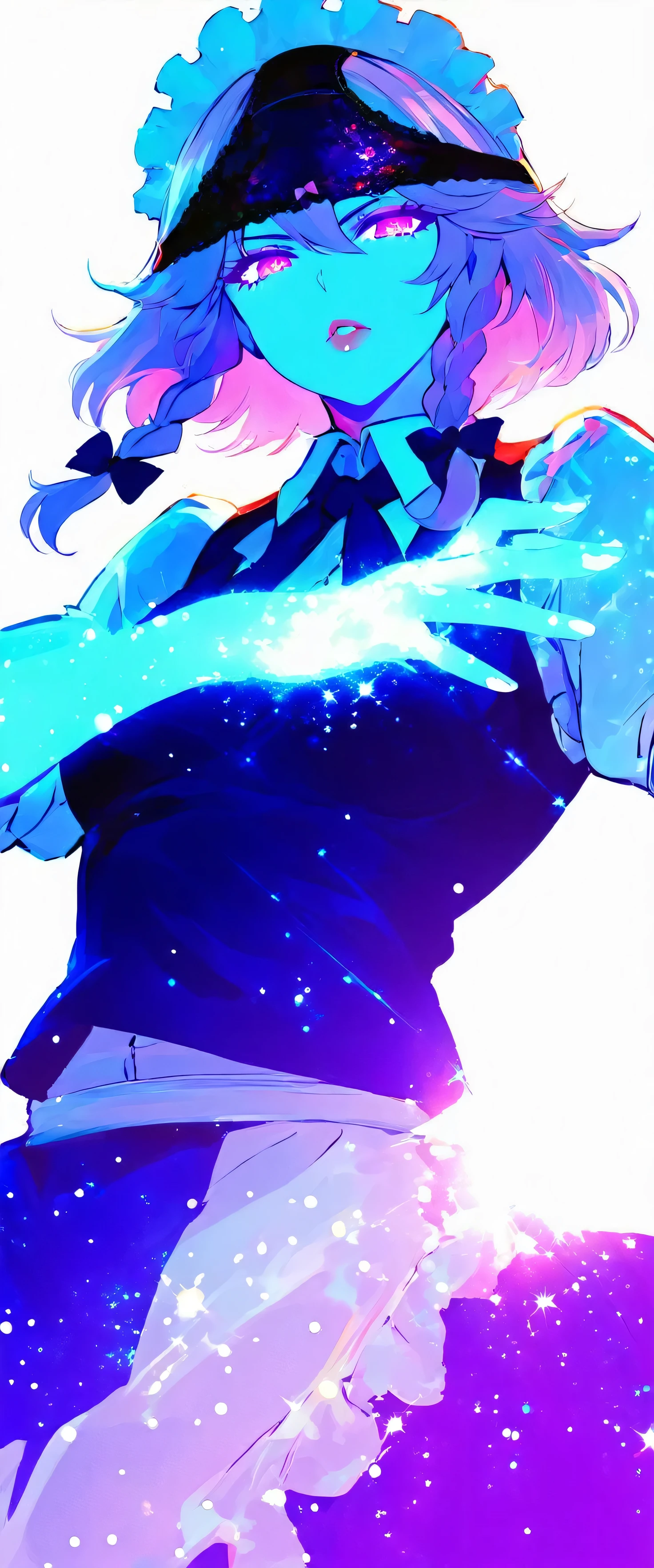 touhou project,Izayoi Sakuya,(beautiful girl: 1.3),masterpiece,Ultra-high resolution,Rich contrast,Very high quality,8k,Highly detailed CG unit wallpaper,Texture,So ridiculous,RAW Photos,Depth of written boundary 1.2,ultra-detailed eyes,Glowing Skin,Glitter Effect,Beautiful glossy lips,Circular Bokeh,(backlighting:1.2),Scarlet Devil Hall,pantyhat,panties on head,0__11Xx_illu,(jojo pose),