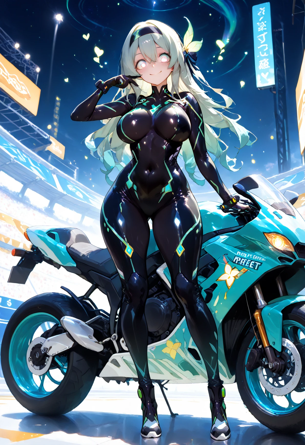 (dark skin), platinum Blonde wavy medium length hair with bangs, big thick thighs, Super big butt, Wet skin, ((Gorgeous super shiny florescent neon green string bikini)), Cyberpunk-style see through clothing, Race Queen, Posing for the camera in front of a sports car (acura nsx)