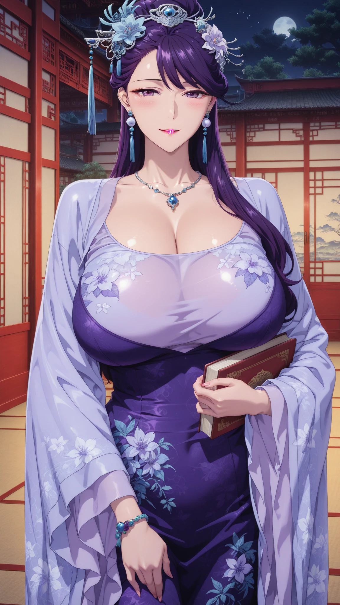 <lora:kashino_hot springs relaxation_v0.3:0.8>,kashino_\(azur_lane\),purple eyes,long hair, cow_horns, brown_hair,gigantic breasts, yukata,looking_at_viewer, blush, cleavage, sliding_doors, smile, holding bottle ,<lora:ishikei_v0.1:1>,sitting,tatami,, masterpiece, best quality, extremely detailed face, sharp details, high contrast,