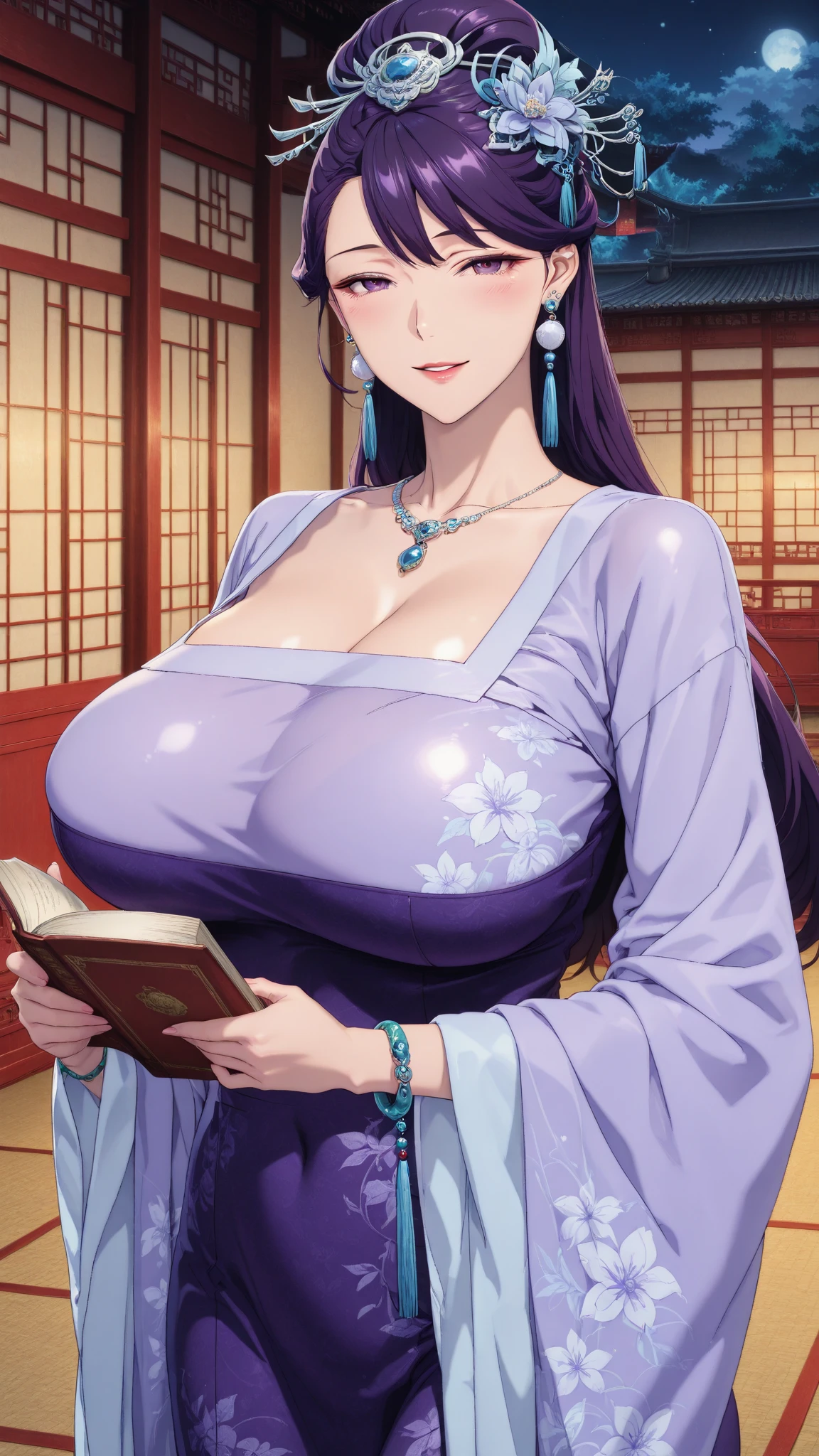 1 girl, full body, dark long hair, glowing blue eyes, glasses, yukata, parted lips, big breast, blush, smiling, midnight room, (best quality,4k,8k,highres,masterpiece:1.2),ultra-detailed,(realistic,photorealistic,photo-realistic:1.37),detailed eyes,detailed lips,extremely detailed eyes and face,long eyelashes,intricate details,soft lighting,warm colors,cinematic